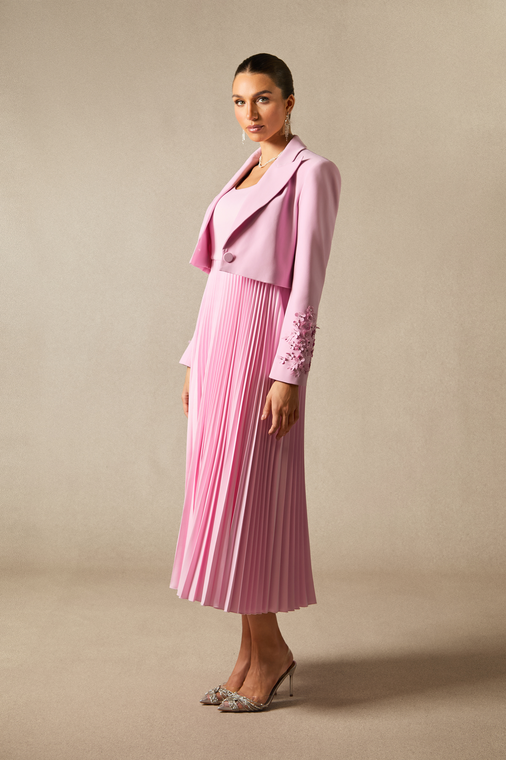 Daisy Floral Cuff Blazer & Pleated Dress Set-purelyfable