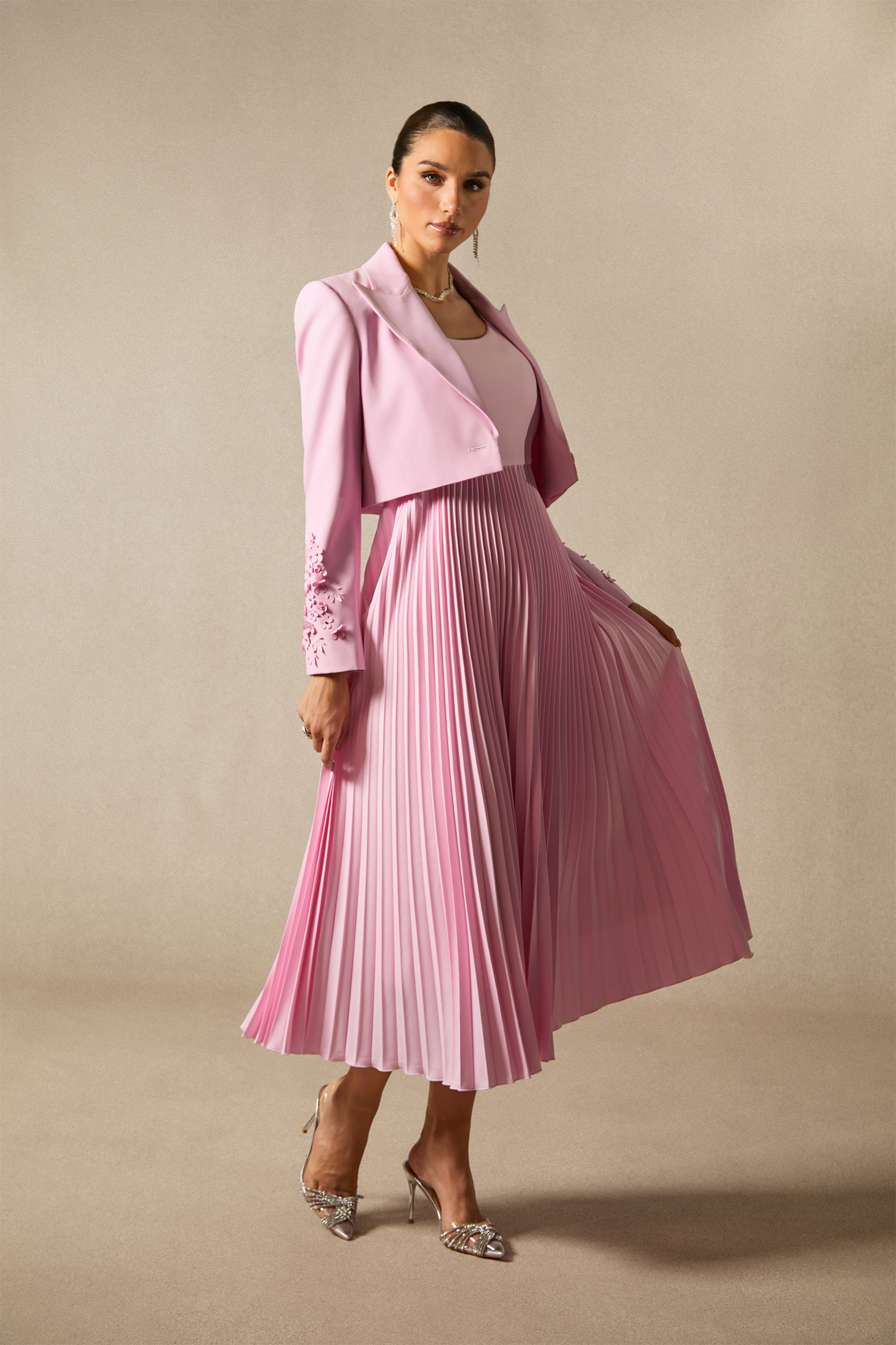 Daisy Floral Cuff Blazer & Pleated Dress Set-purelyfable