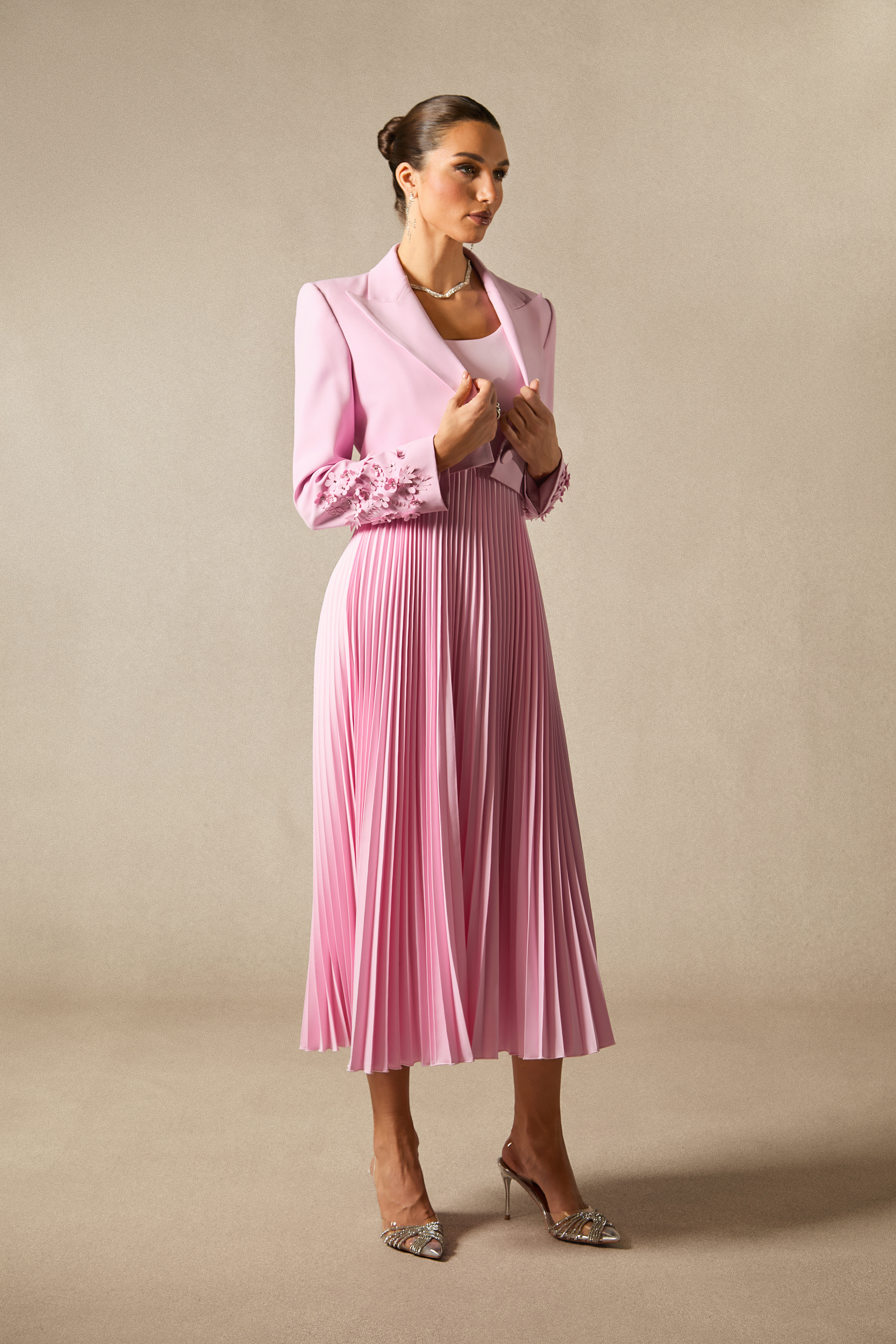 Daisy Floral Cuff Blazer & Pleated Dress Set-purelyfable
