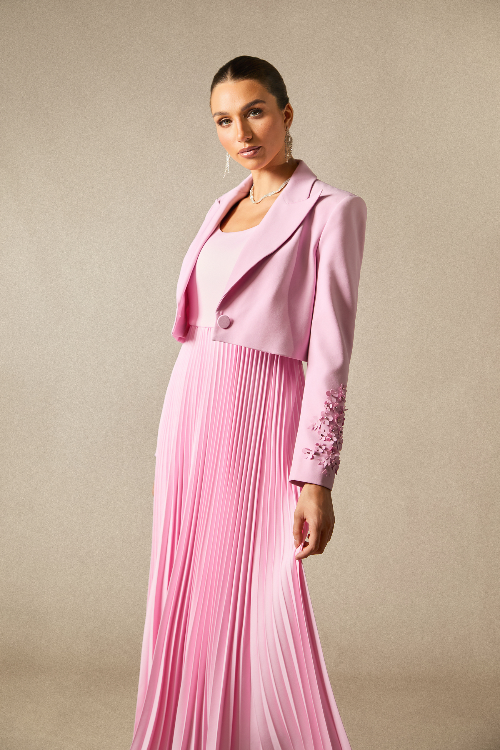 Daisy Floral Cuff Blazer & Pleated Dress Set-purelyfable