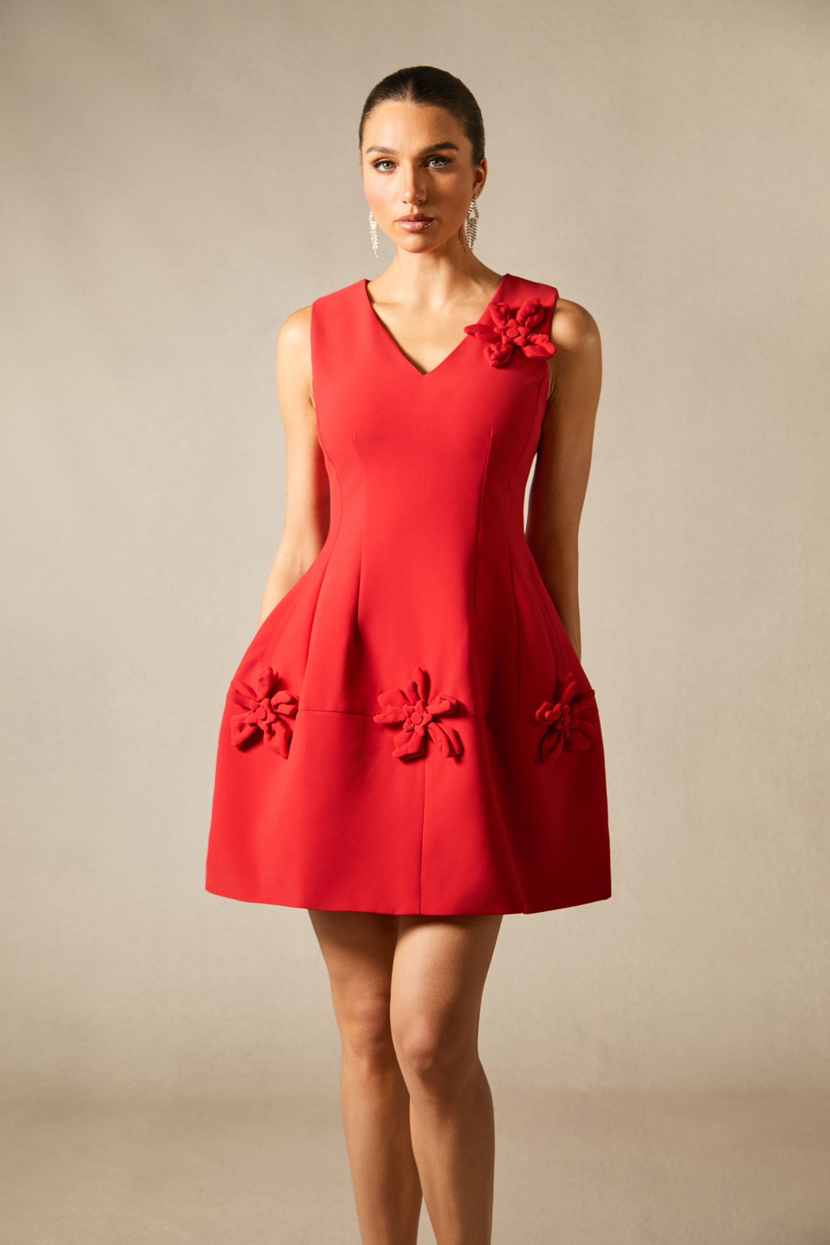 Bertina Floral Applique V-Neck Mini Dress-purelyfable