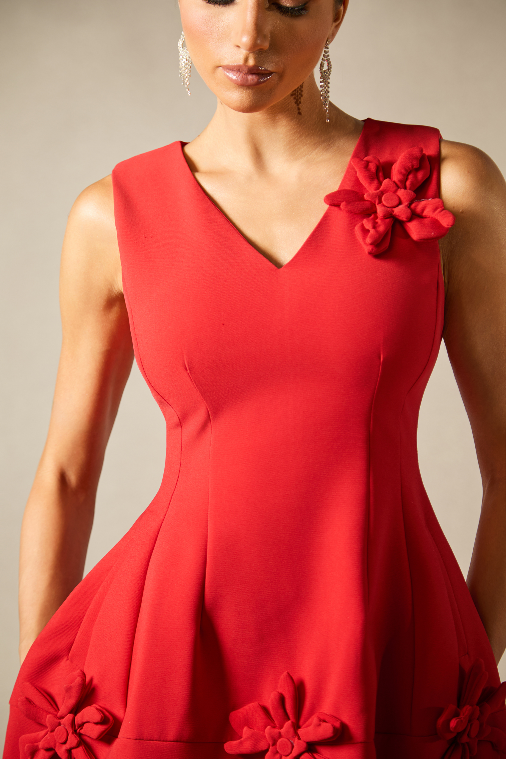 Bertina Floral Applique V-Neck Mini Dress-purelyfable