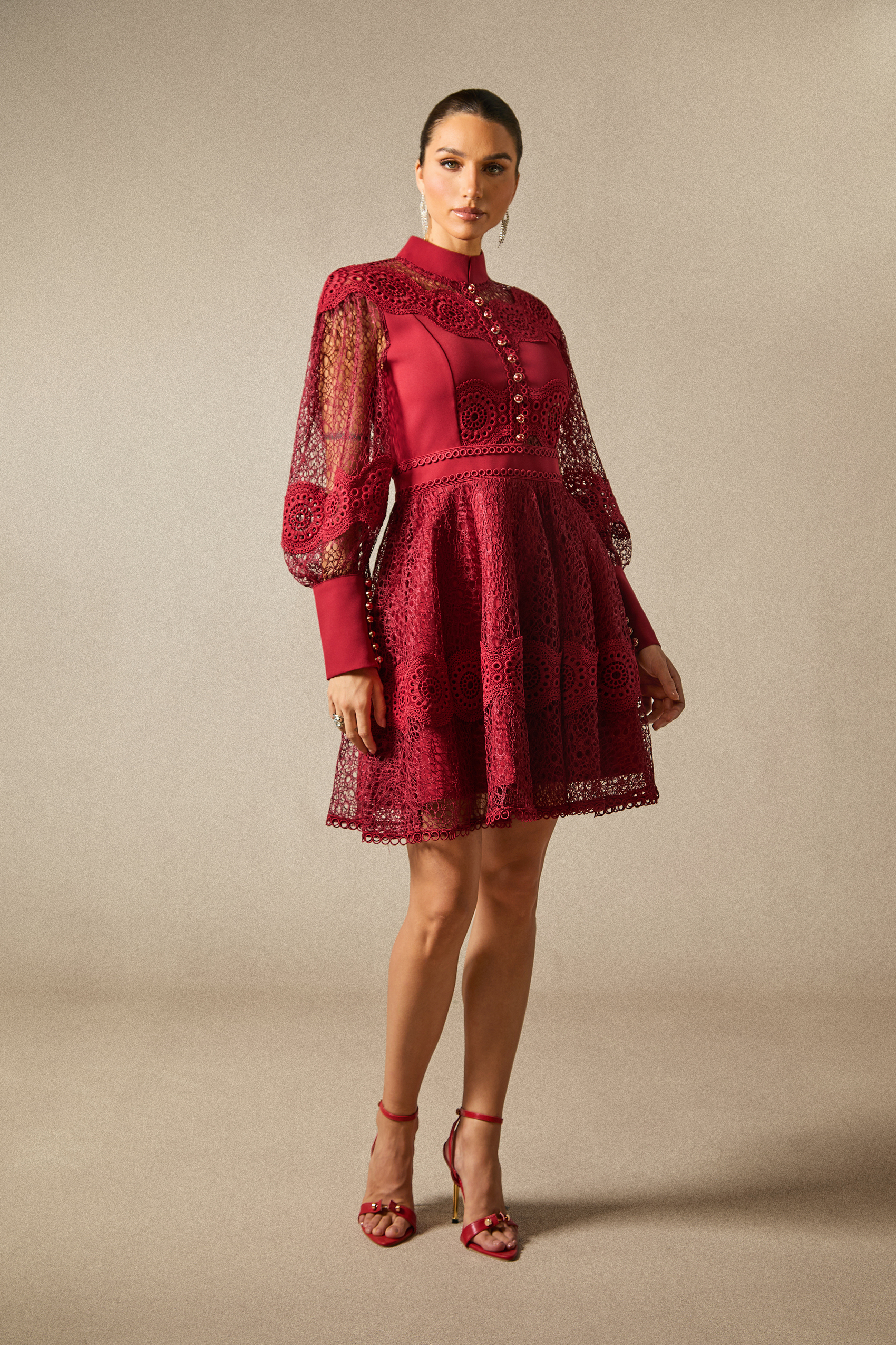 Charlotte High Neck Puff Sleeve Lace Mini Dress-purelyfable