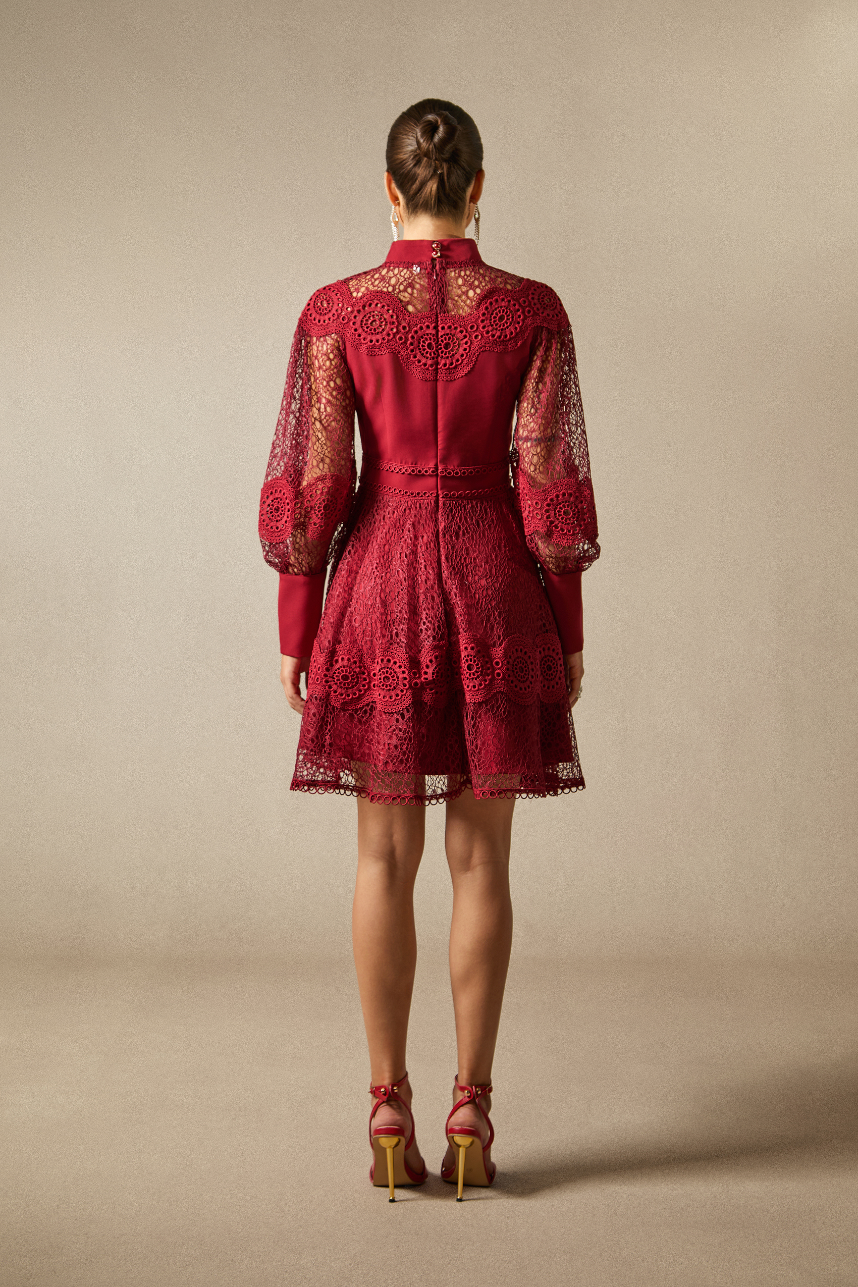 Charlotte High Neck Puff Sleeve Lace Mini Dress-purelyfable