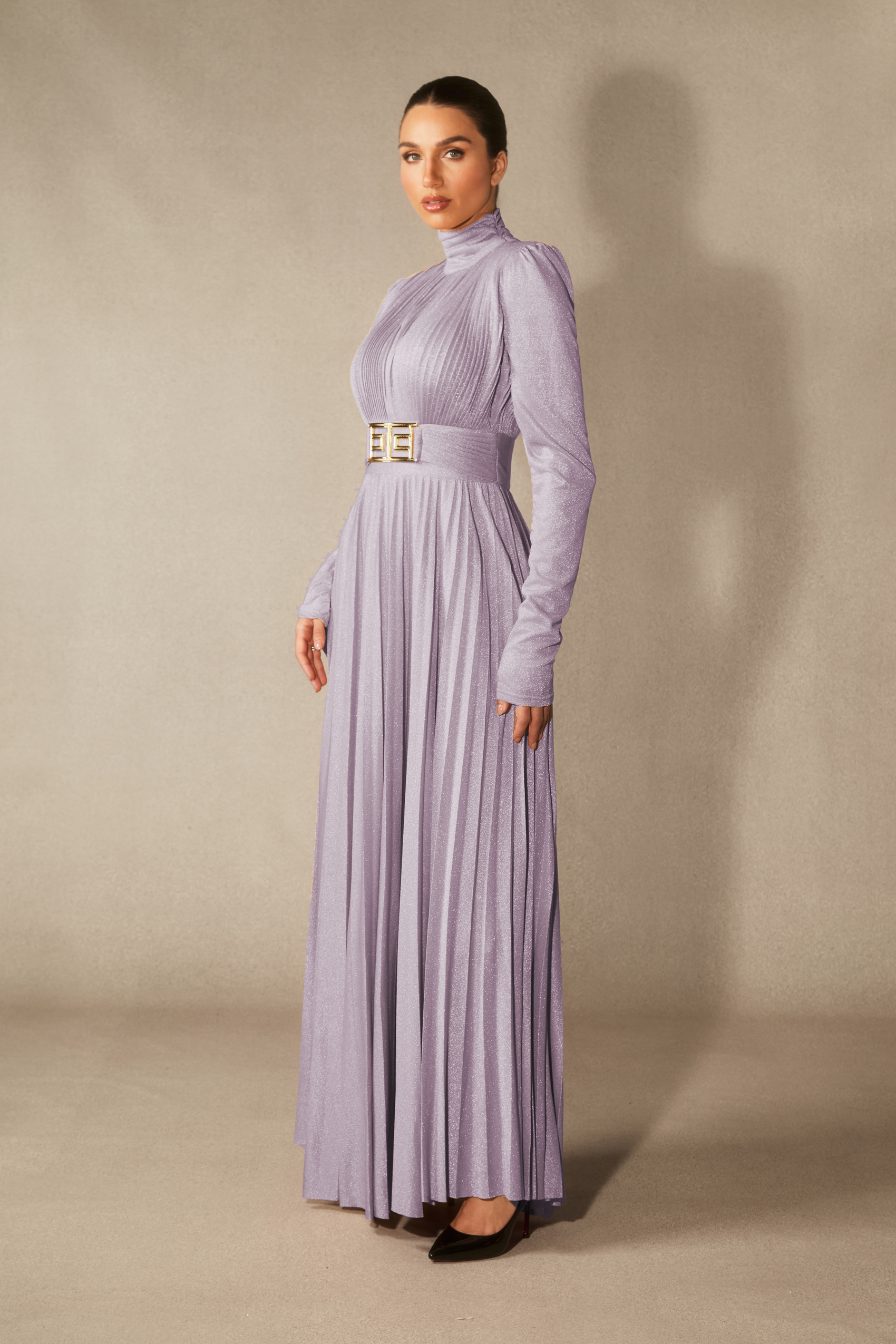 Elsie Metallic Pleated Belted Maxi Dress-purelyfable