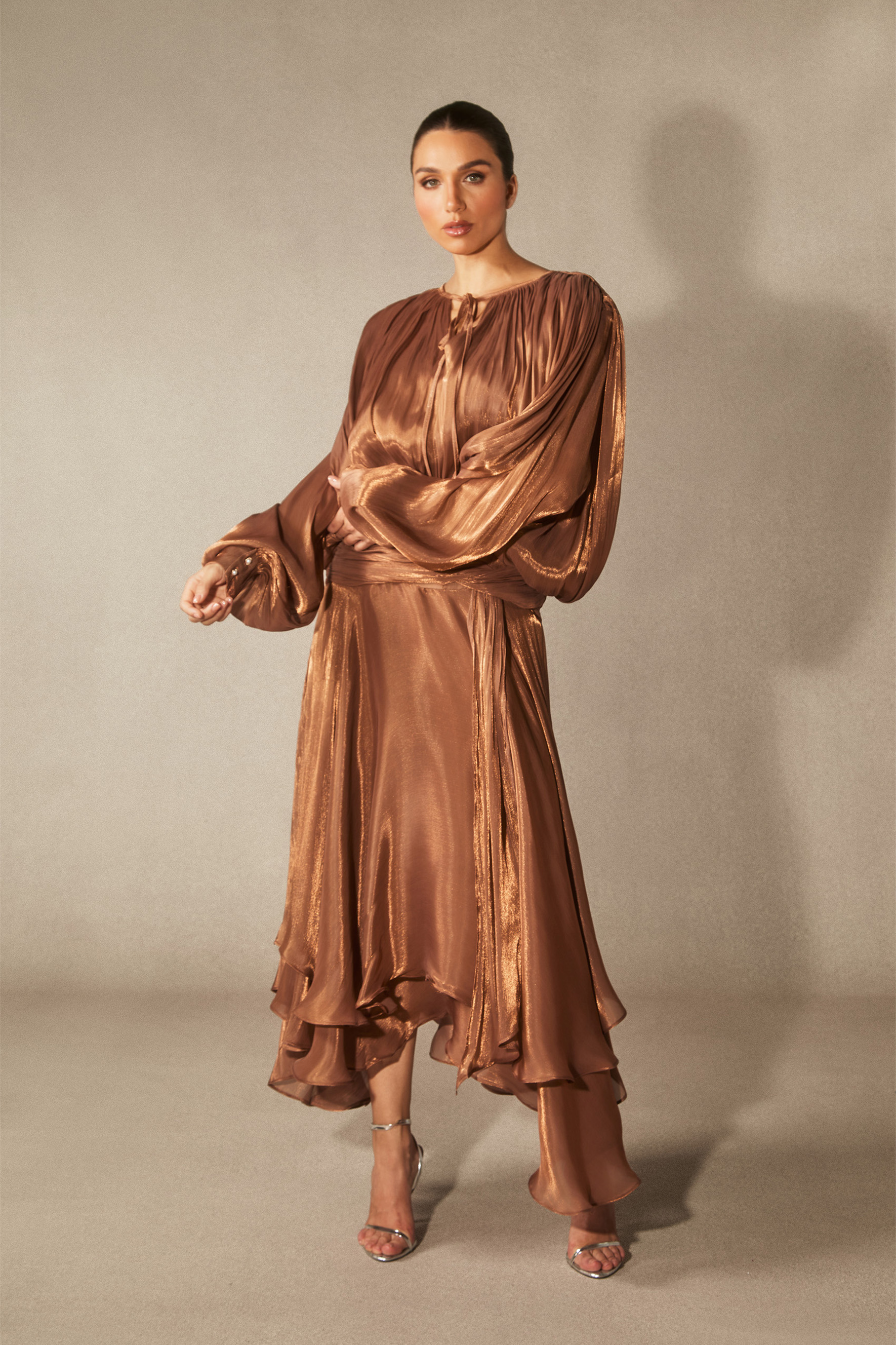 Leanna Long Sleeve Ruffled Hem Midi Dress-purelyfable