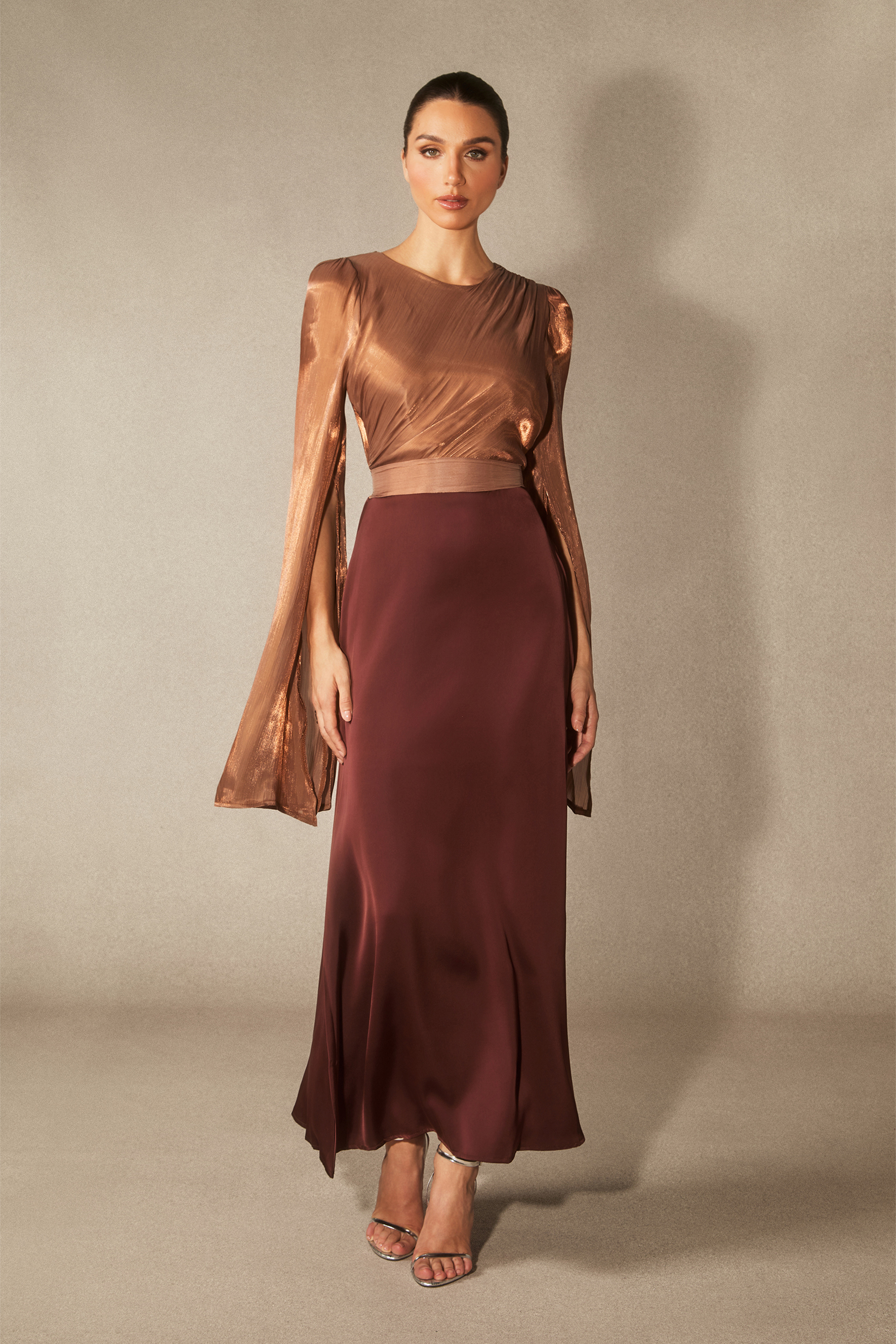 Marcia Long Sleeve Ruched Organza Maxi Dress-purelyfable