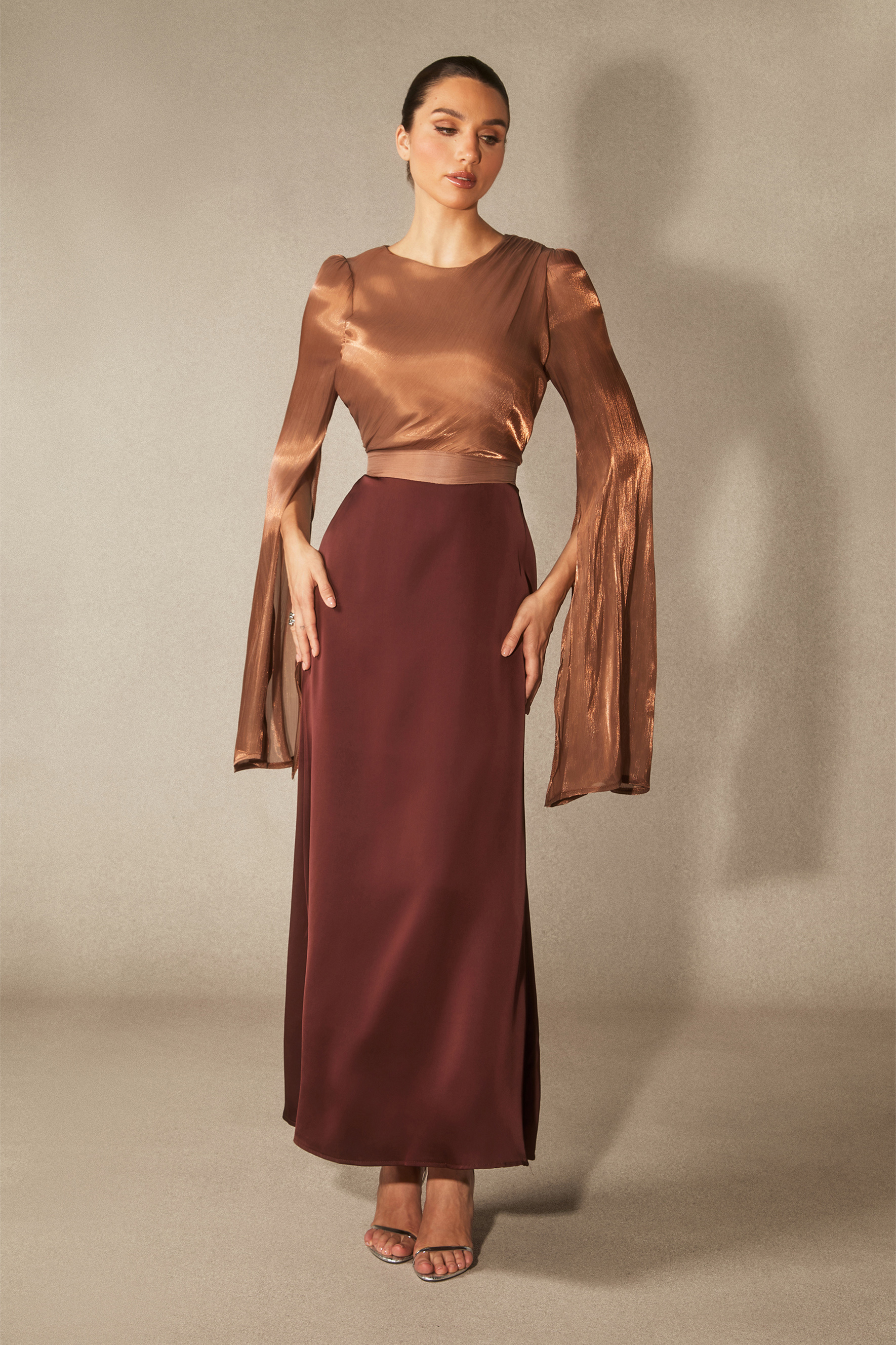 Marcia Long Sleeve Ruched Organza Maxi Dress-purelyfable
