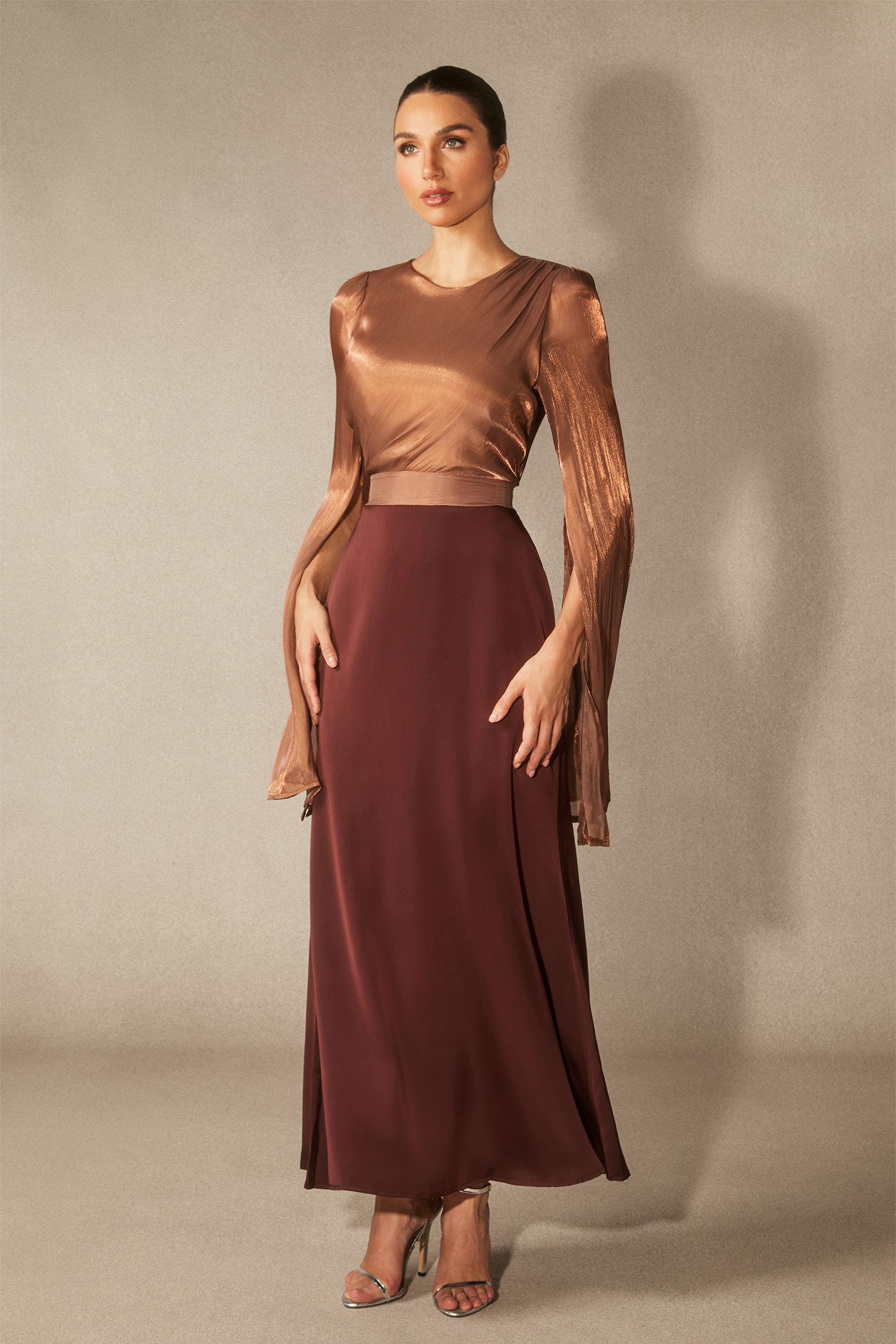 Marcia Long Sleeve Ruched Organza Maxi Dress-purelyfable