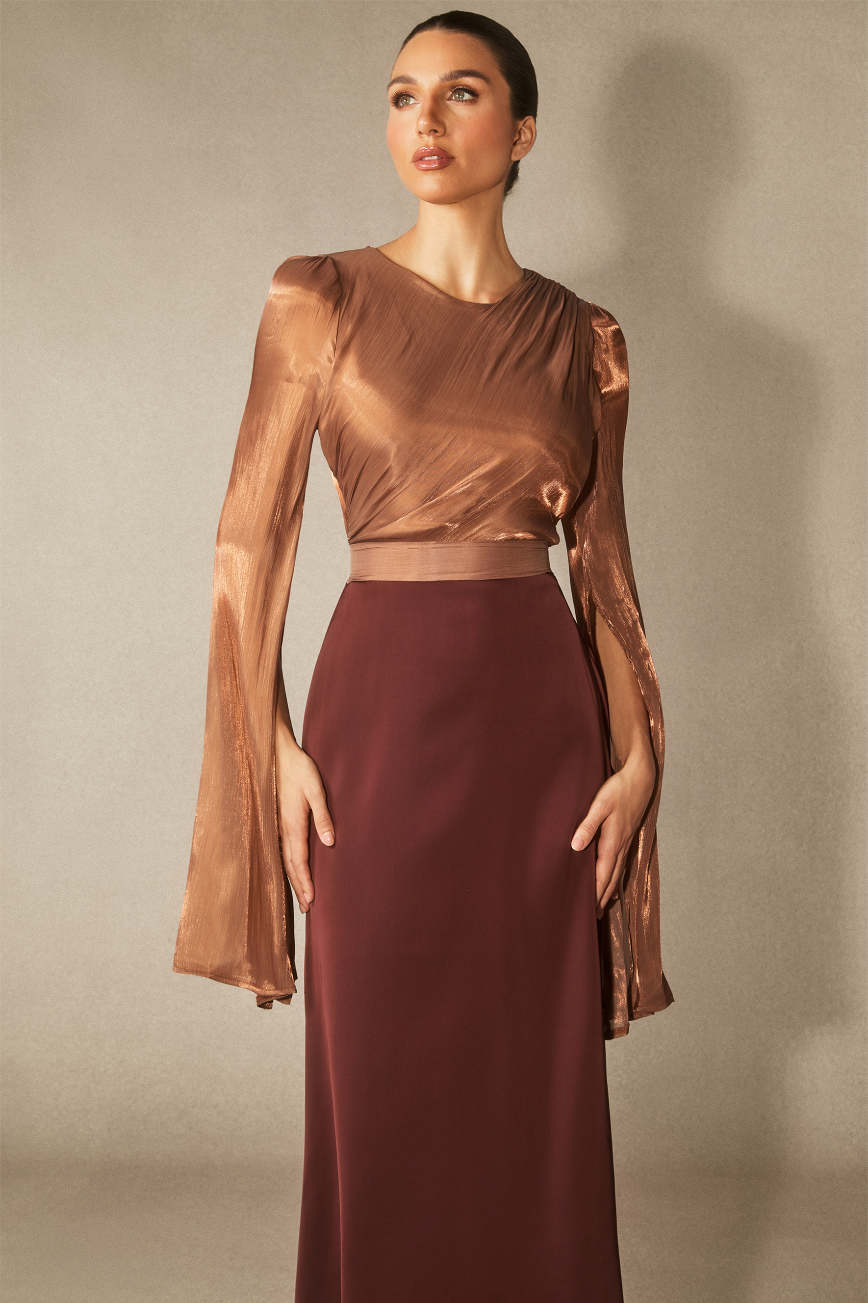 Marcia Long Sleeve Ruched Organza Maxi Dress-purelyfable
