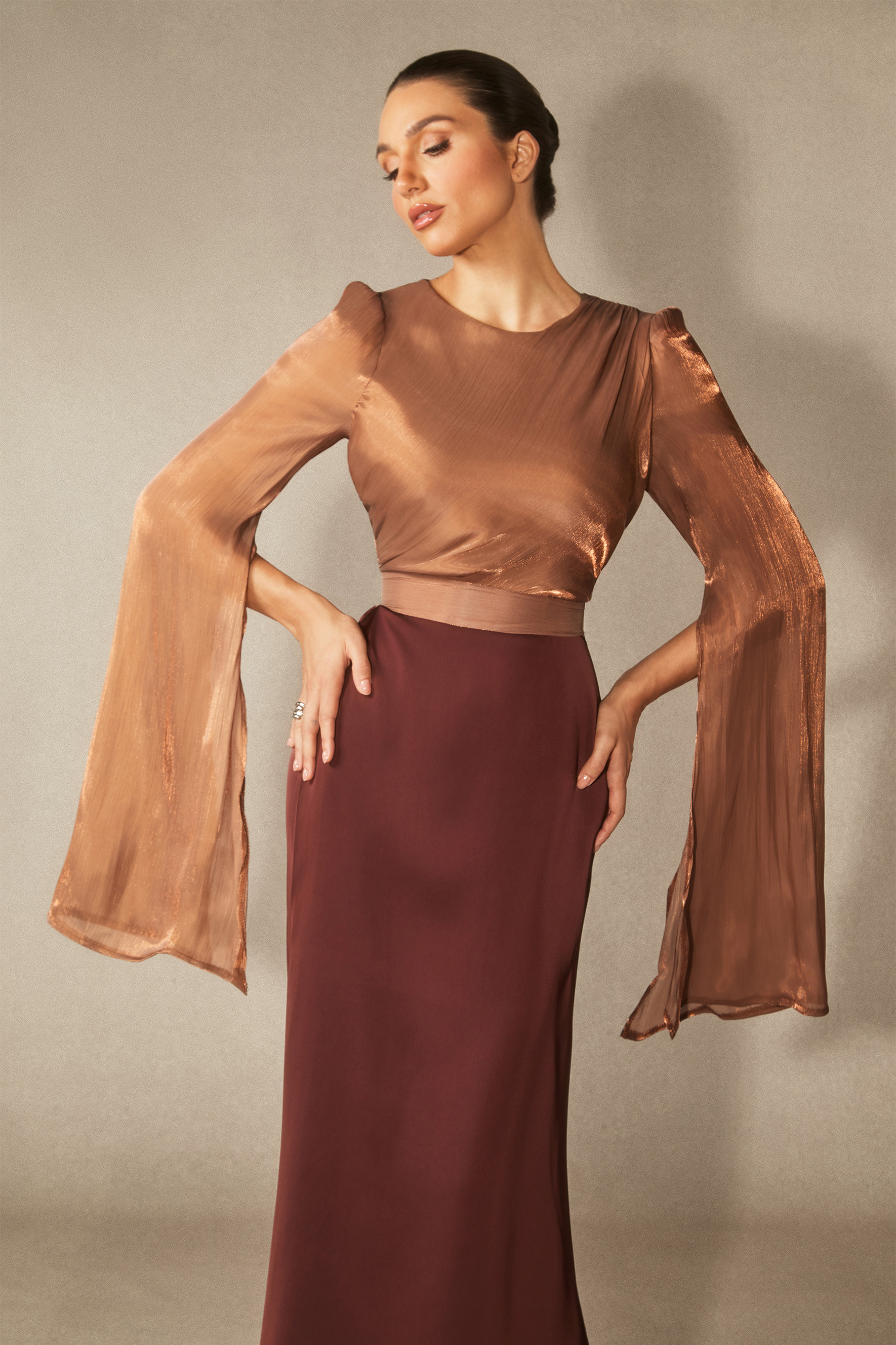 Marcia Long Sleeve Ruched Organza Maxi Dress-purelyfable