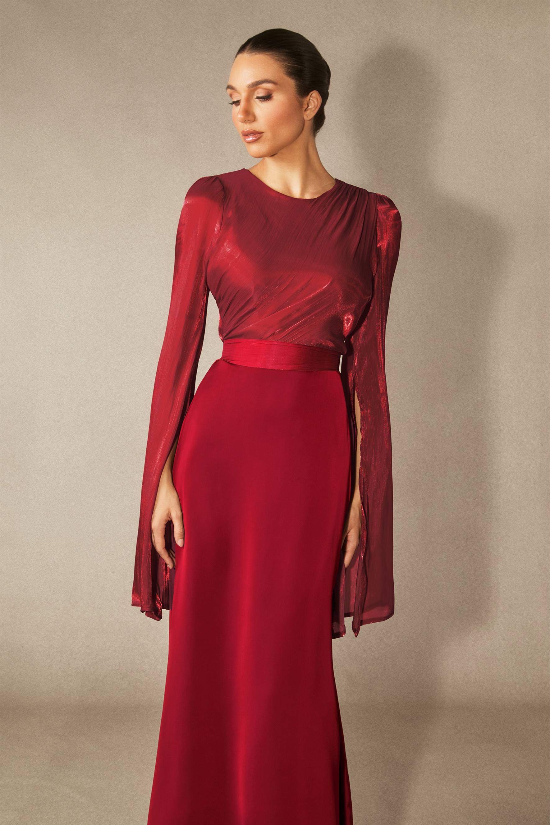 Marcia Long Sleeve Ruched Organza Maxi Dress-purelyfable