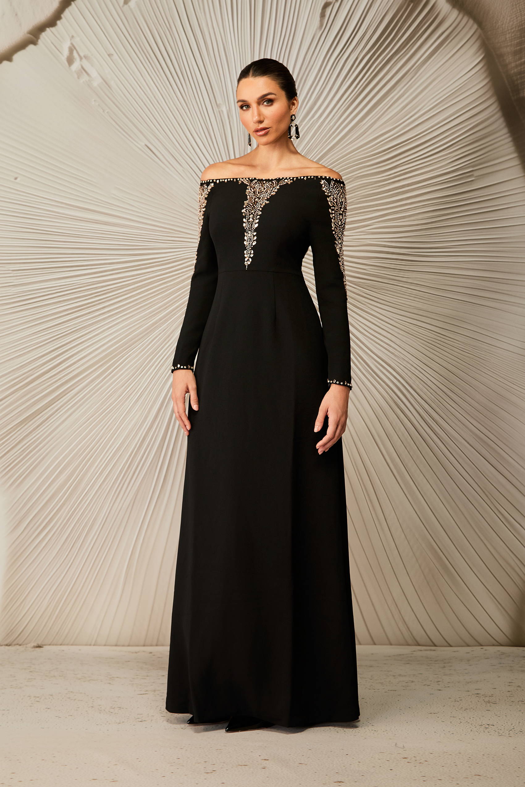 Laila Rhinestone Embellished Off Shoulder Maxi Dress-purelyfable