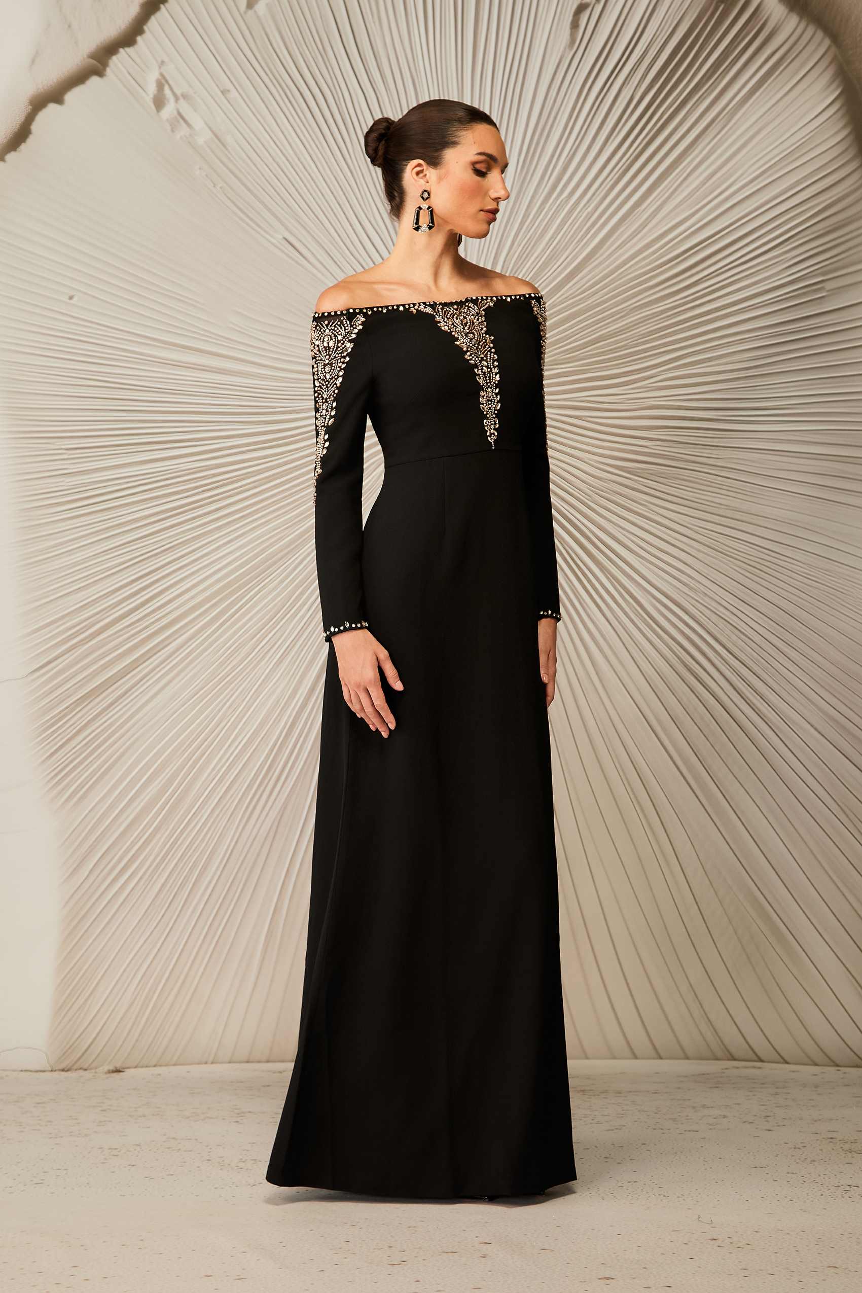 Laila Rhinestone Embellished Off Shoulder Maxi Dress-purelyfable