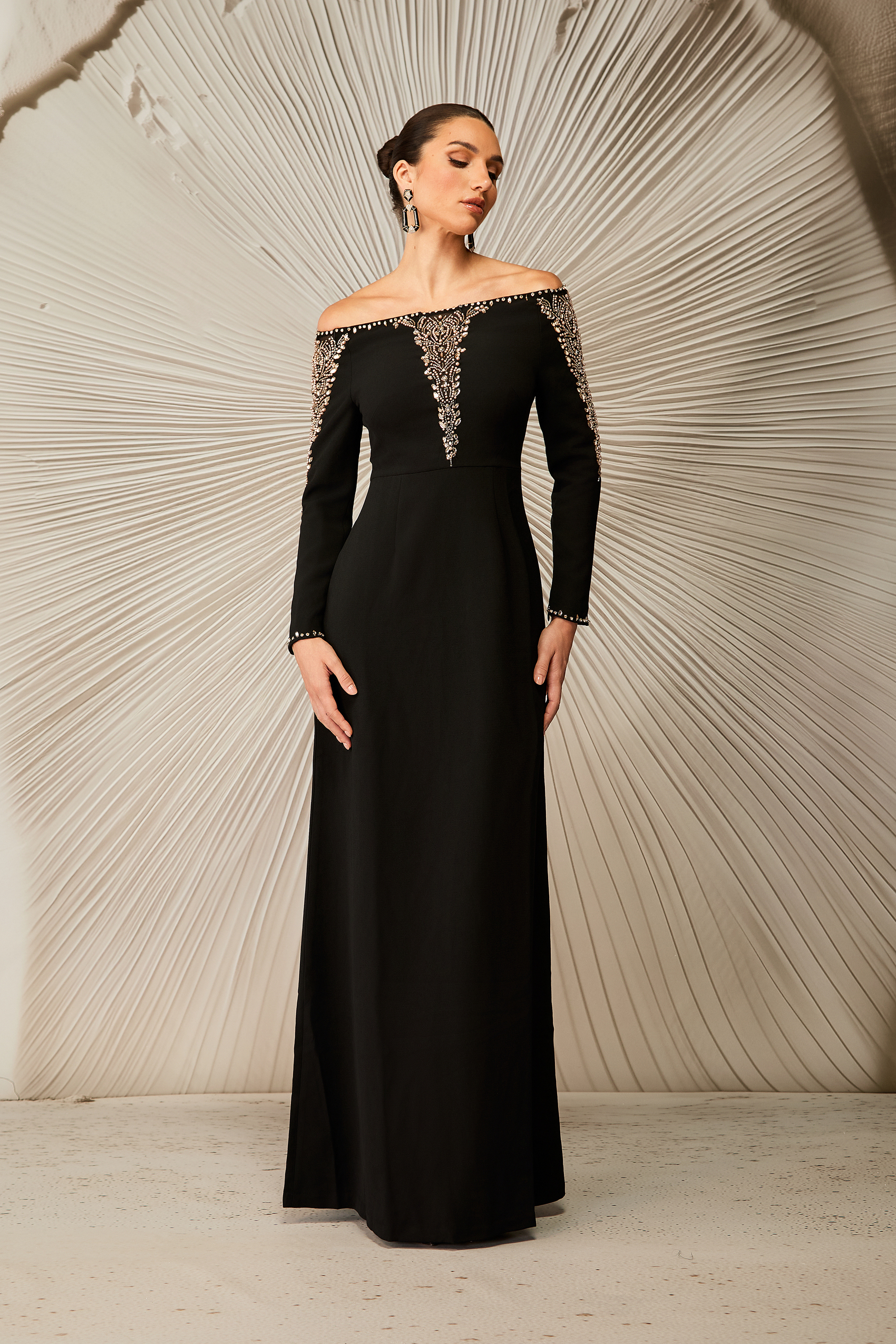Laila Rhinestone Embellished Off Shoulder Maxi Dress-purelyfable