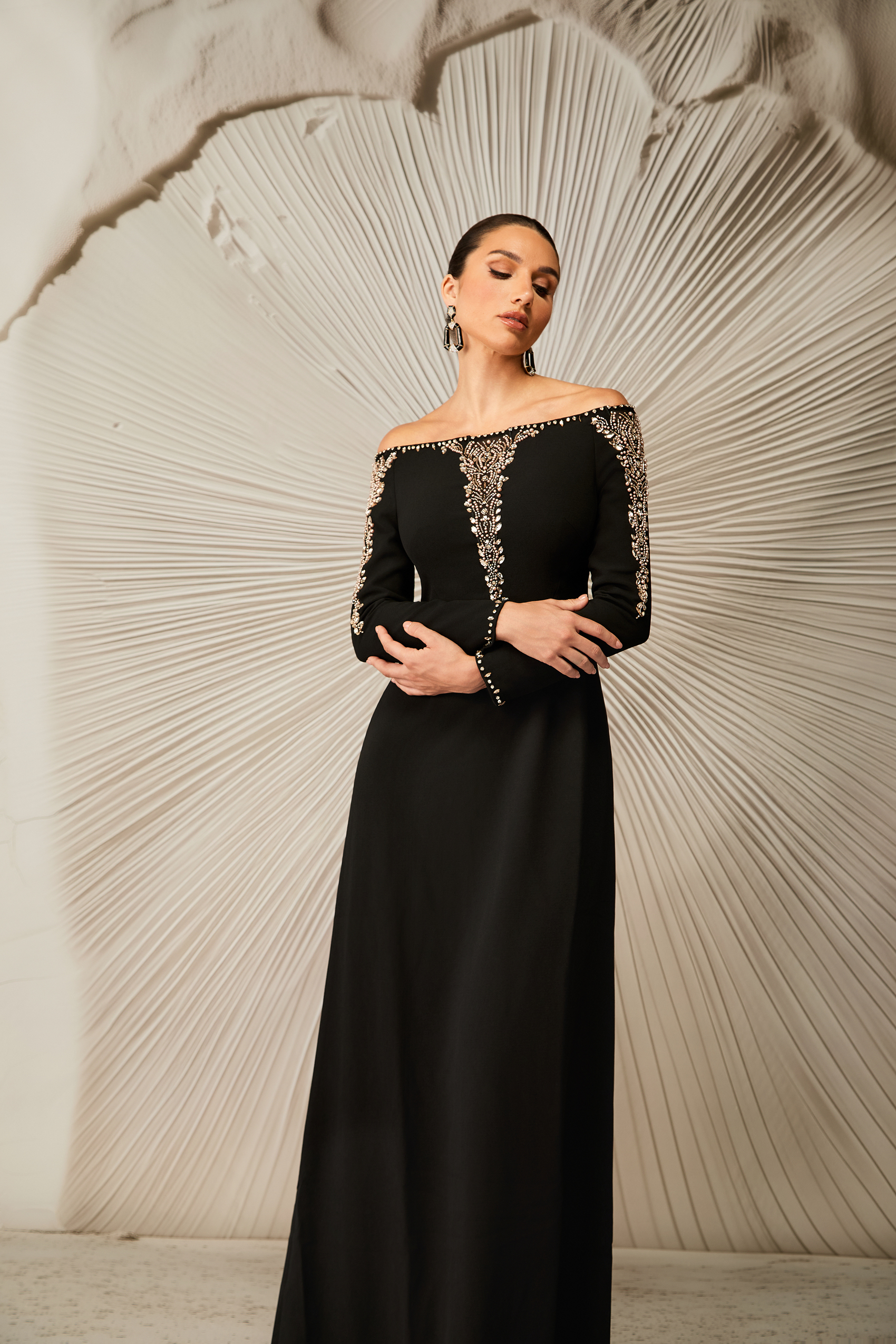 Laila Rhinestone Embellished Off Shoulder Maxi Dress-purelyfable