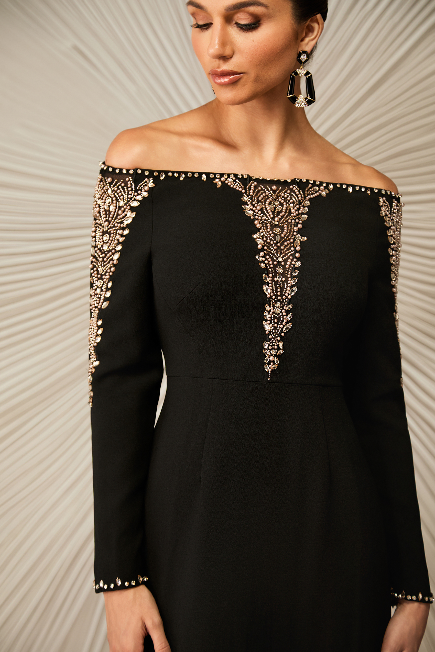 Laila Rhinestone Embellished Off Shoulder Maxi Dress-purelyfable