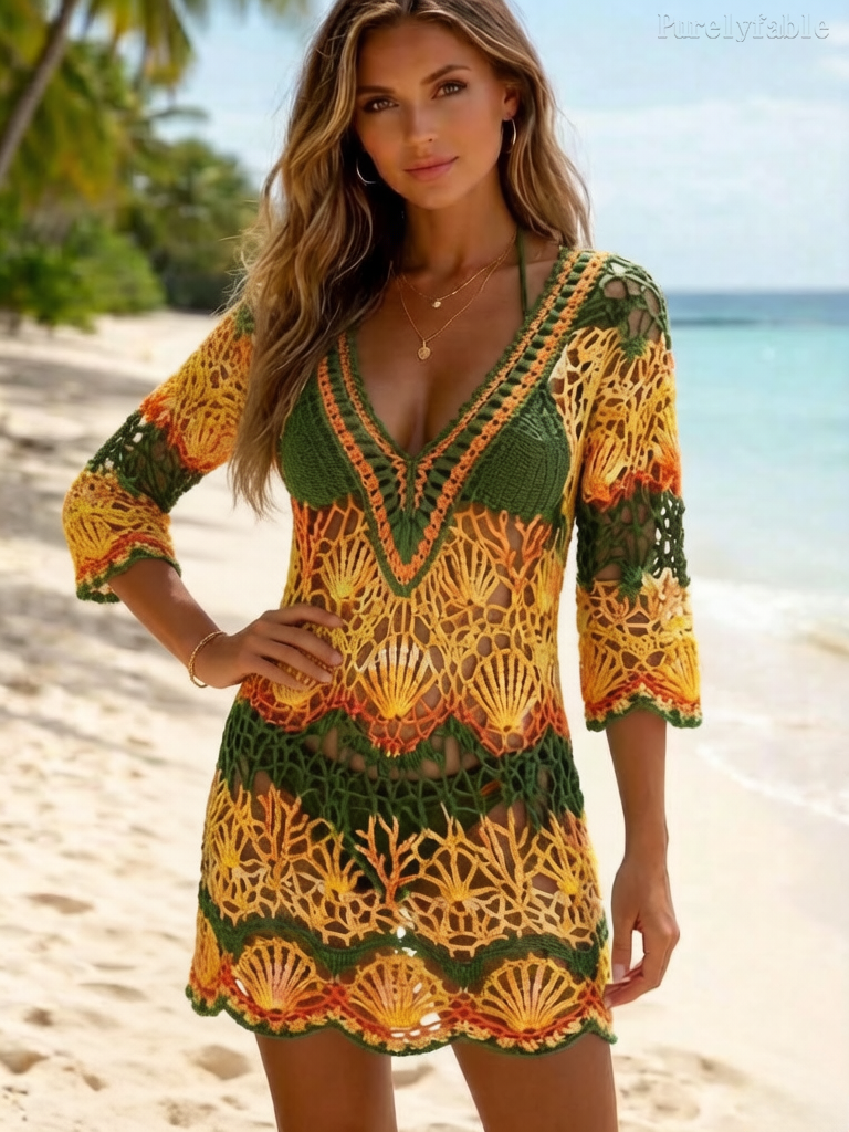 Mila Color Deep V Seven Sleeve Hollow Hook Flower Dress