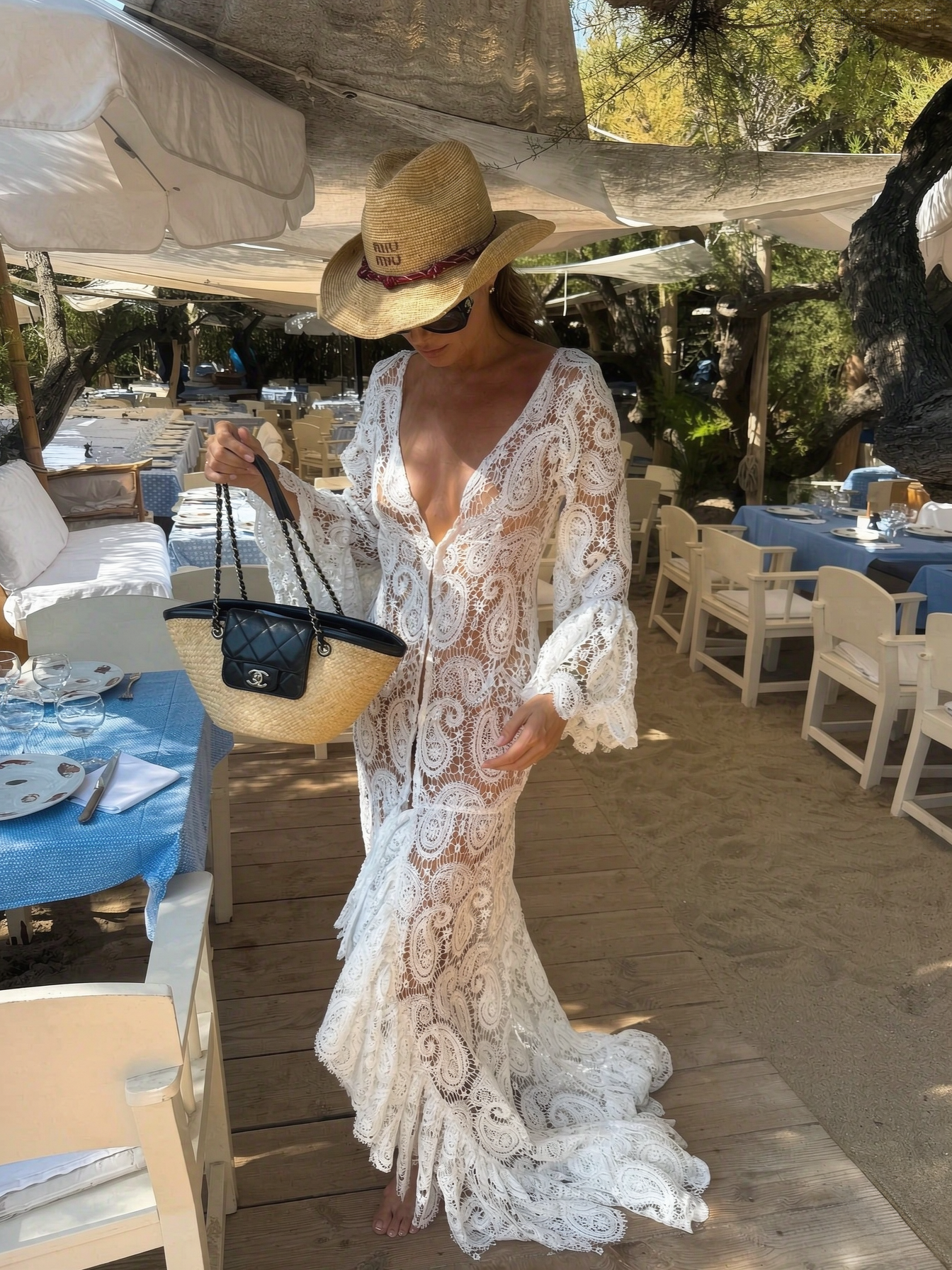 Amara White Deep V Long Sleeve Fish Tail Evening Dress