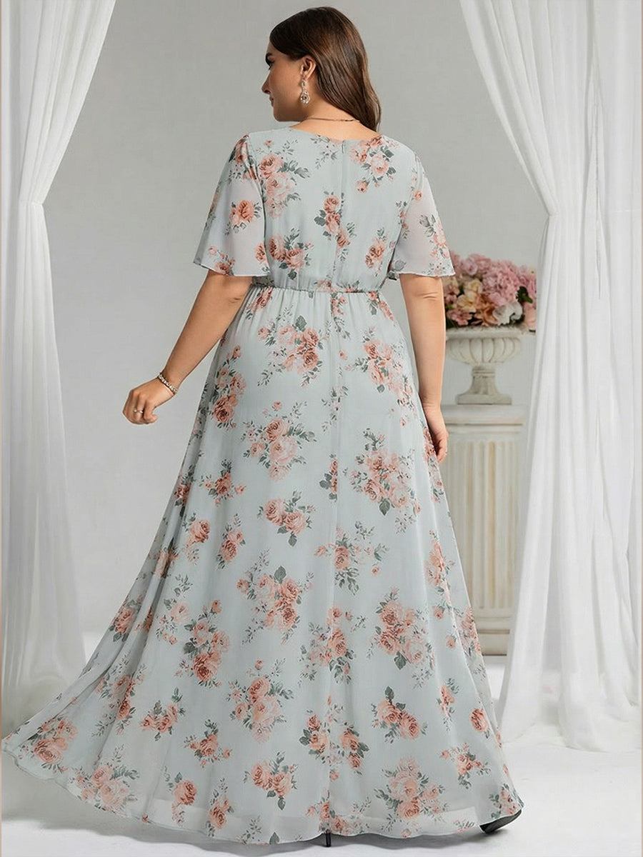 Plus Size Printed Chiffon Pleated Maxi Wedding Guest Dress