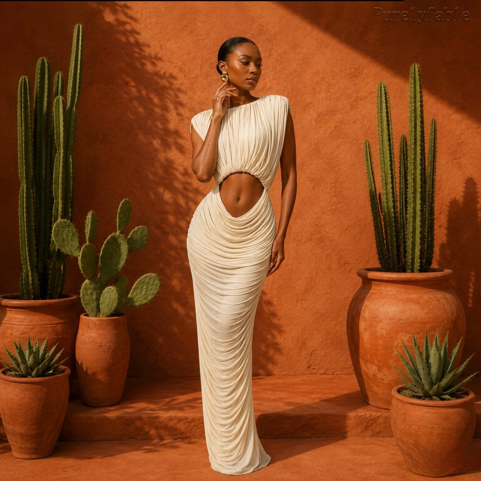 Noelia Beige Hollow-Out Sleeveless Draped Dress