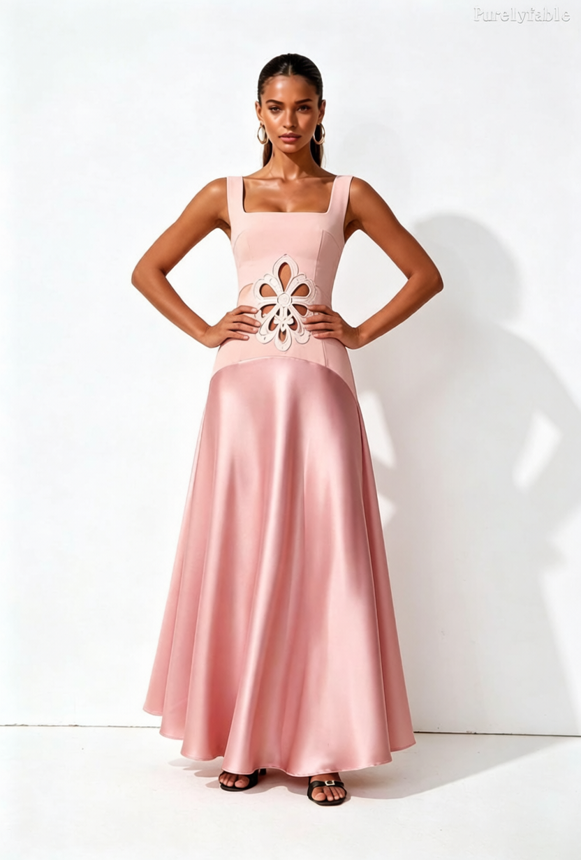 Daphne Pink Square Neck Sleeveless Hollow Out Dress