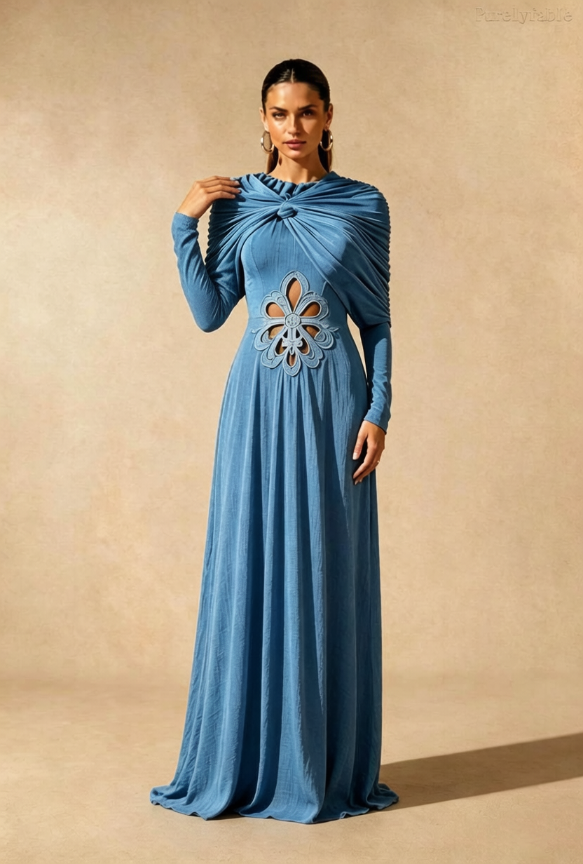 Daphne Blue Twisted Stand up Collar Drawn Long Sleeve Dress