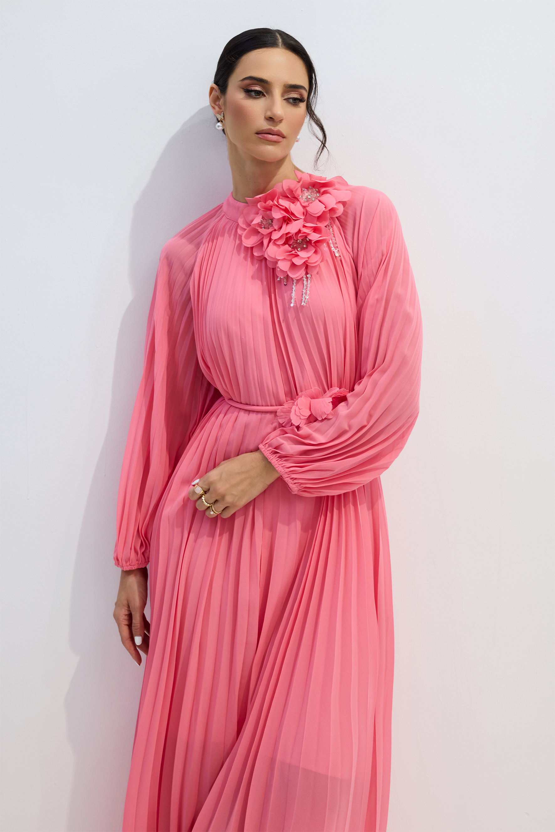 Irene Floral Applique Pleated Chiffon Maxi Dress-purelyfable