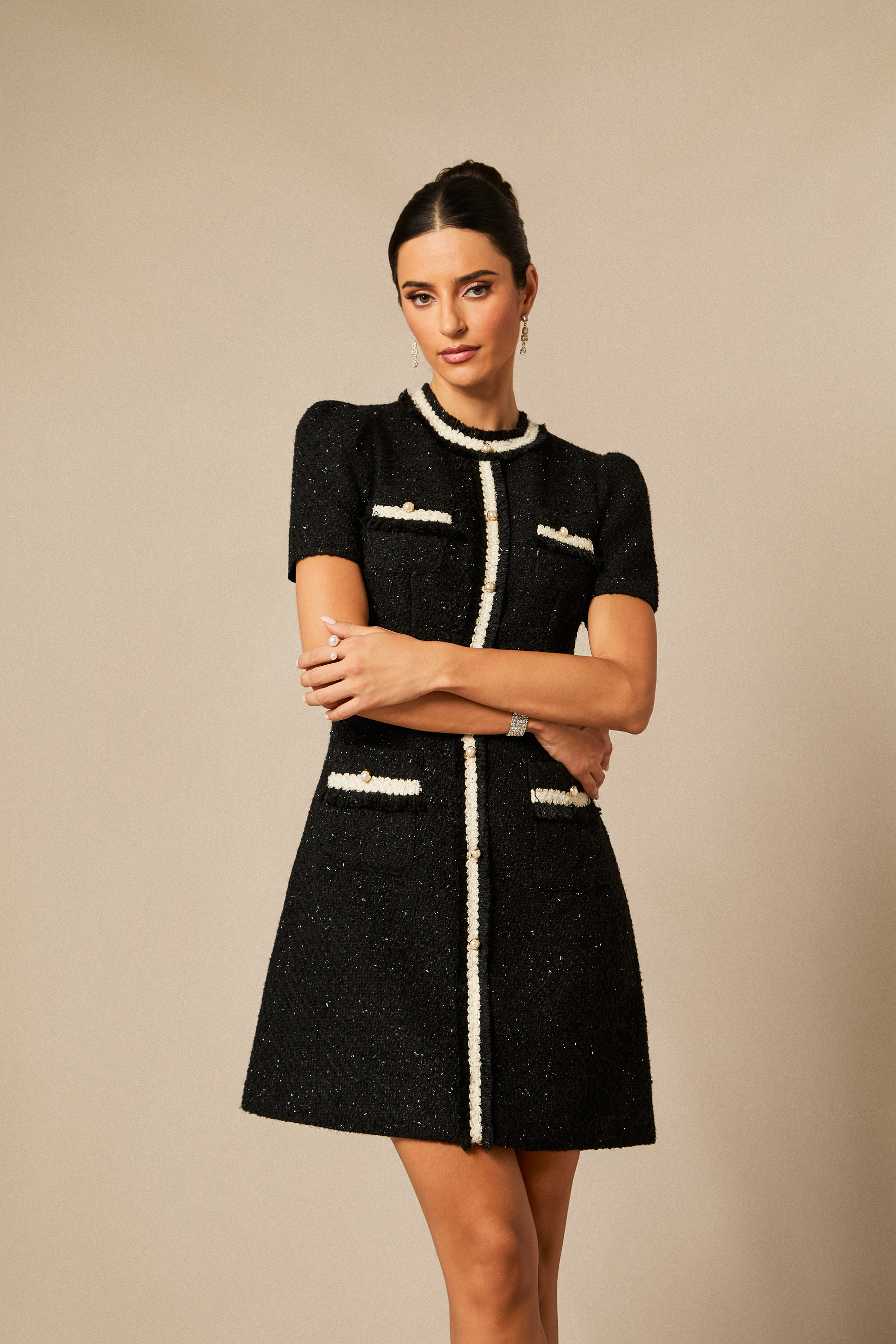Samantha Contrast Trim Short Sleeve Tweed Mini Dress-purelyfable