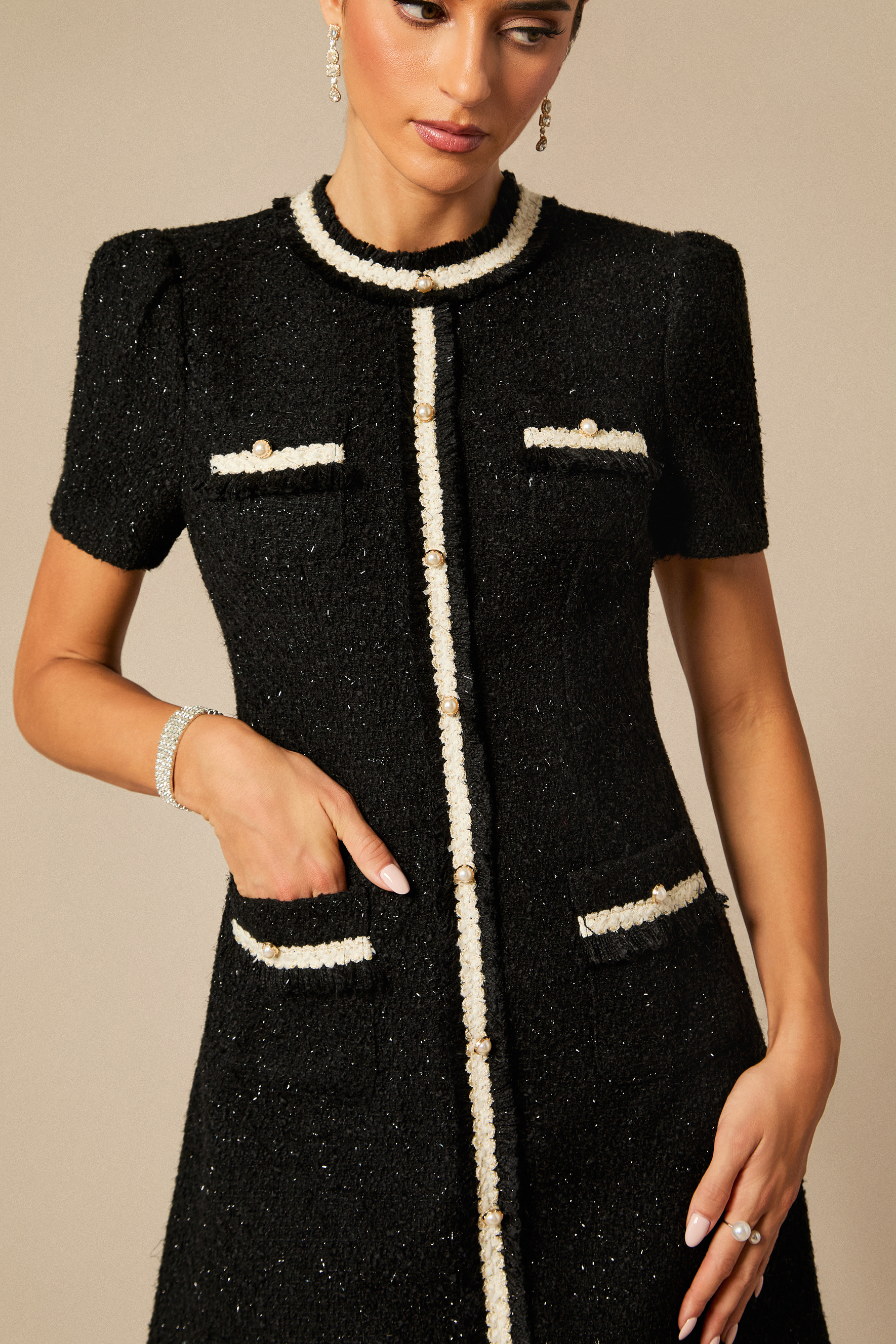 Samantha Contrast Trim Short Sleeve Tweed Mini Dress-purelyfable