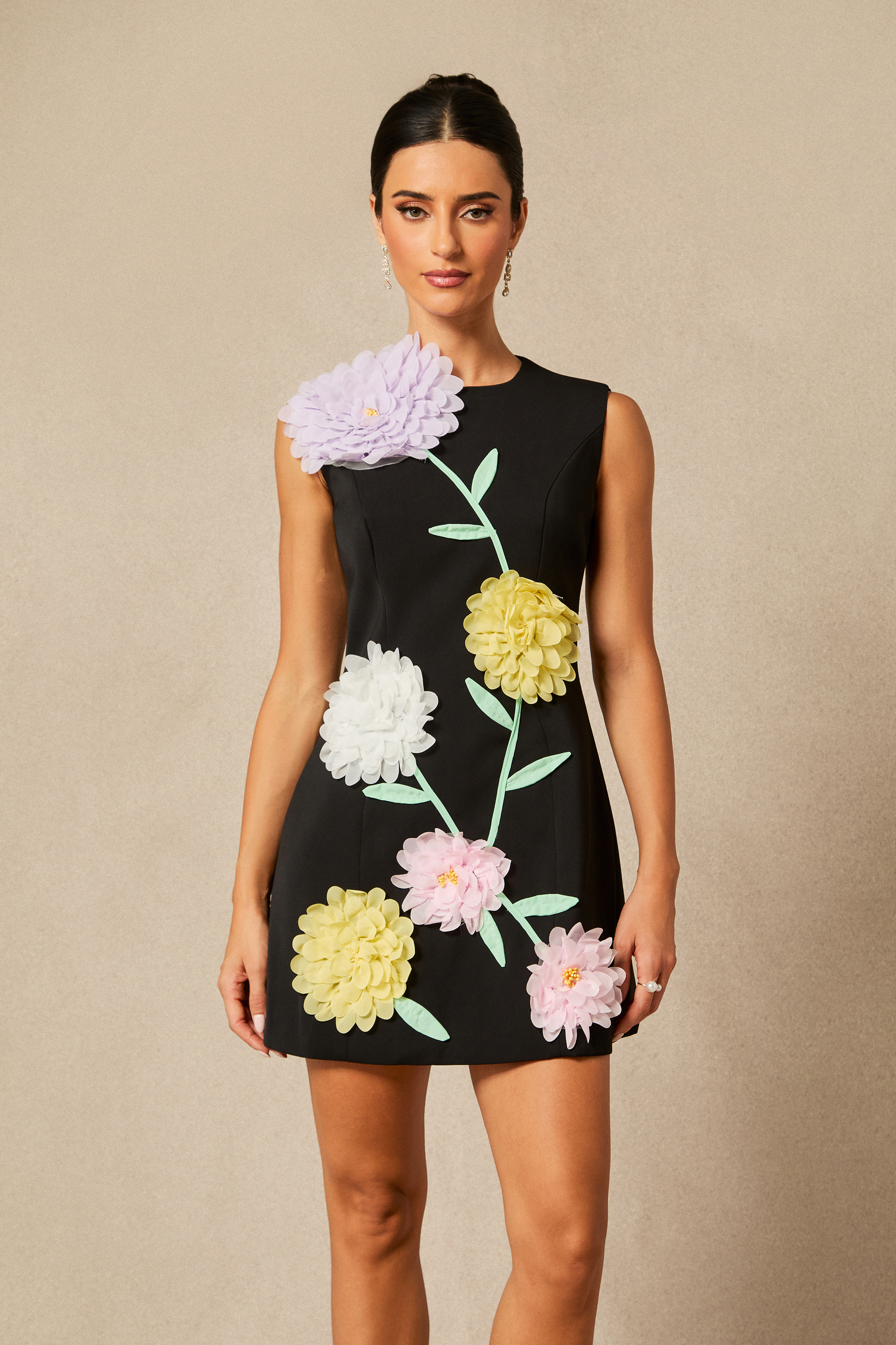 Sibyl Floral Applique Sleeveless Mini Dress-purelyfable