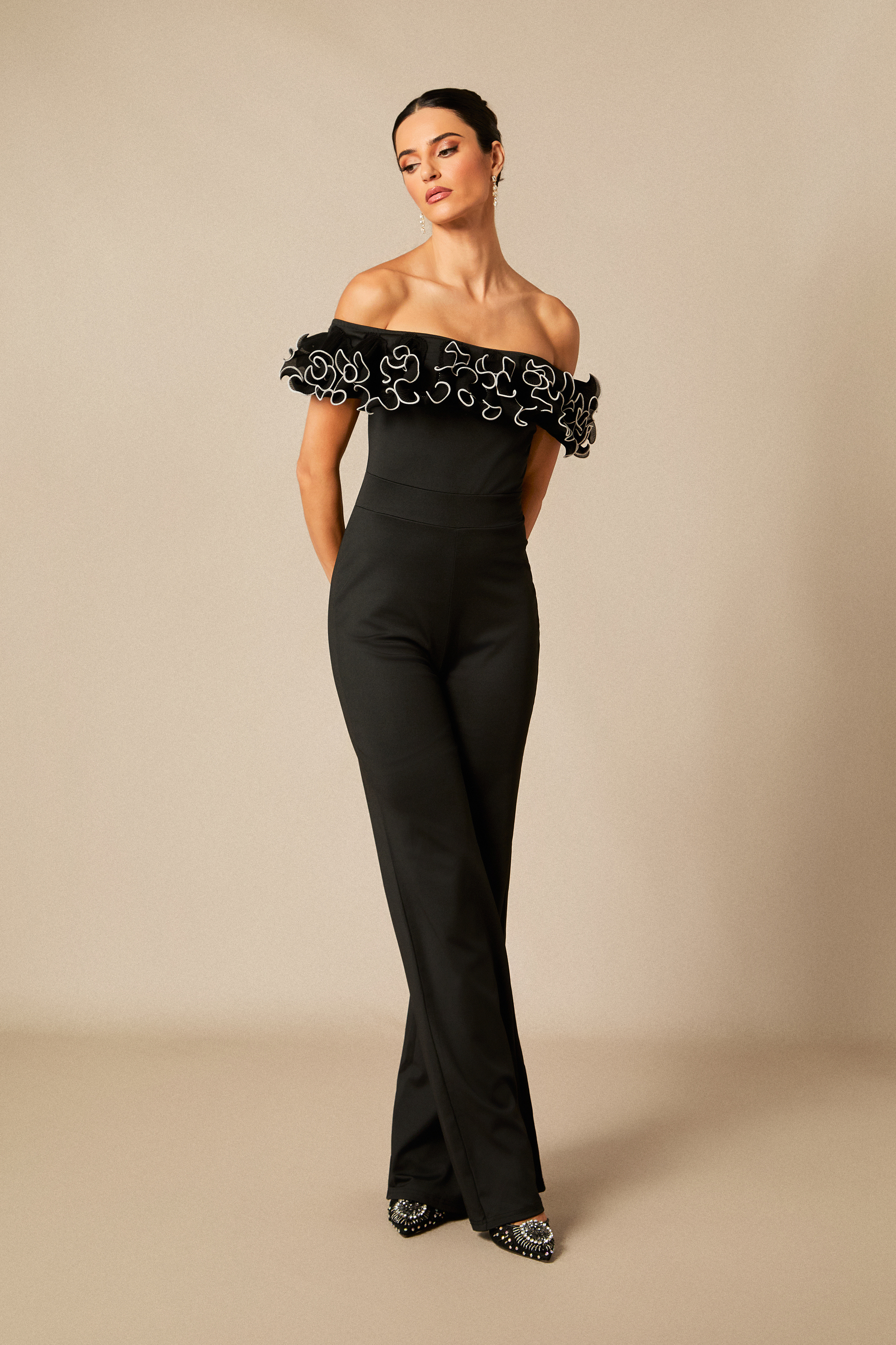 Jessie Off Shoulder Ruffle Trim Jumpsuit-purelyfable
