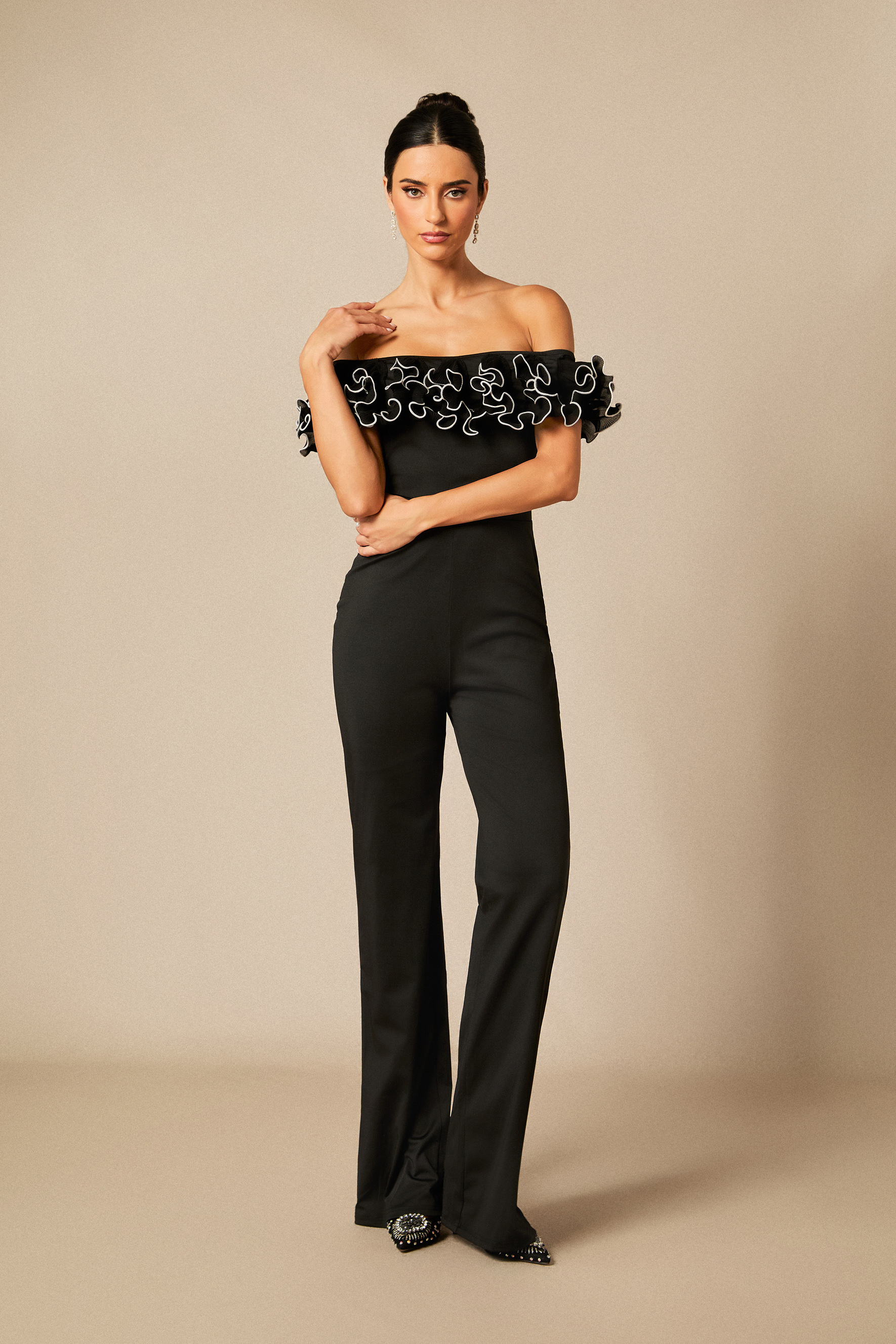 Jessie Off Shoulder Ruffle Trim Jumpsuit-purelyfable