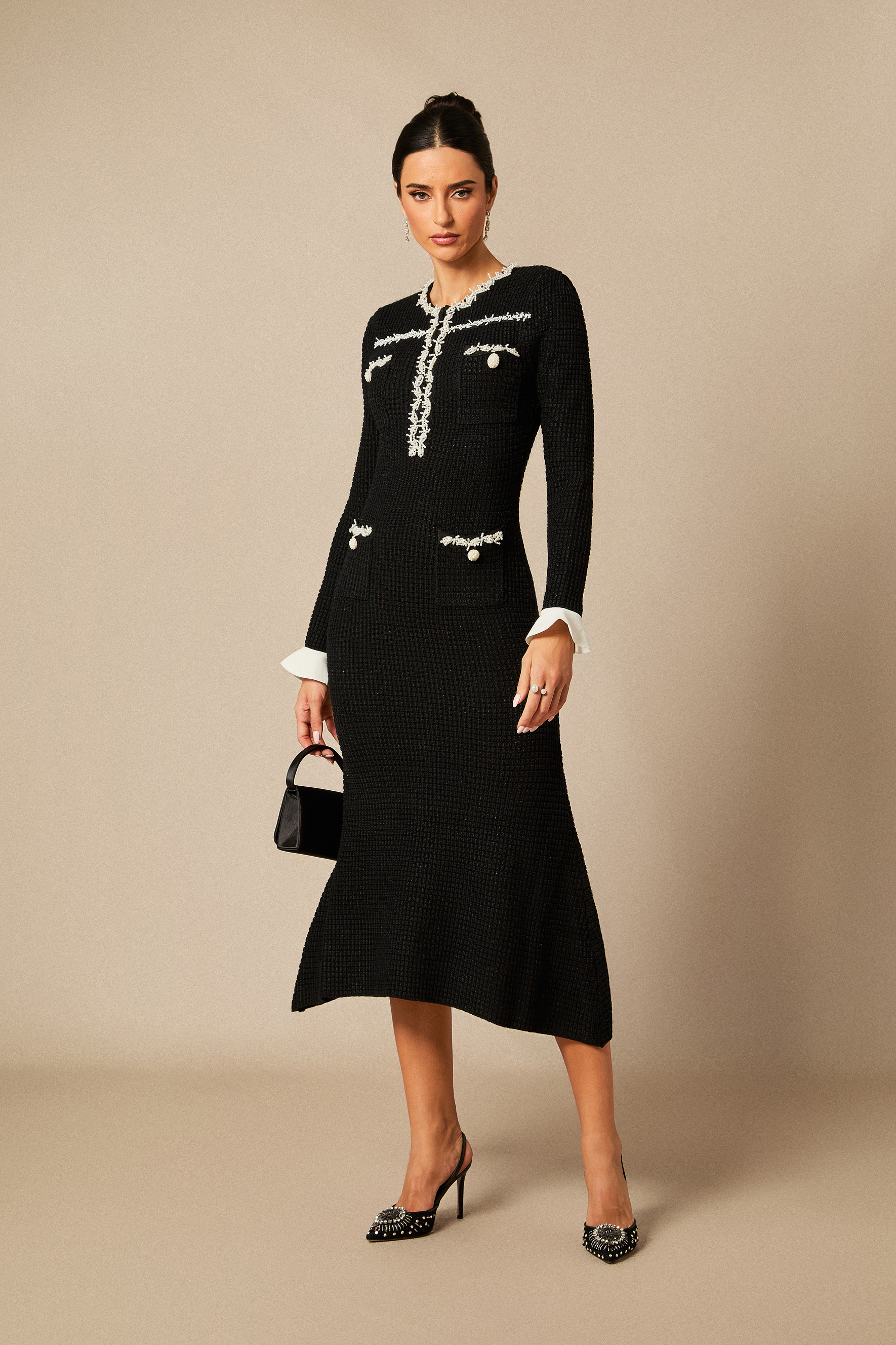 Angie Contrast Trim Pearl Knit Midi Dress-purelyfable