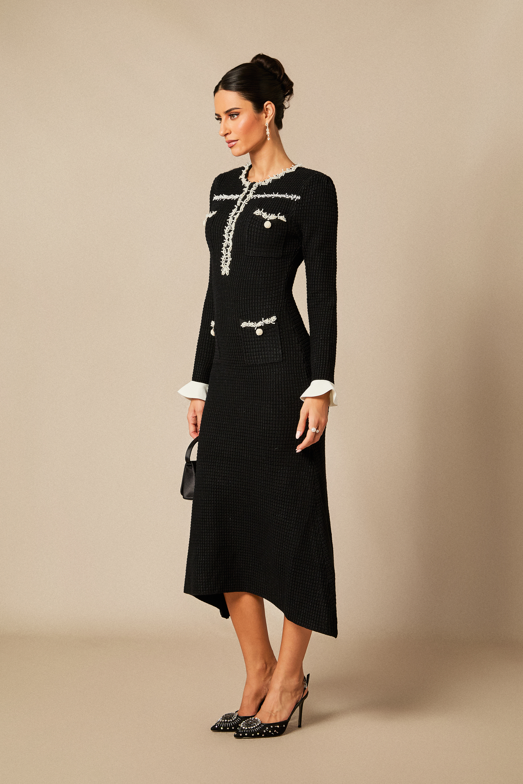 Angie Contrast Trim Pearl Knit Midi Dress-purelyfable