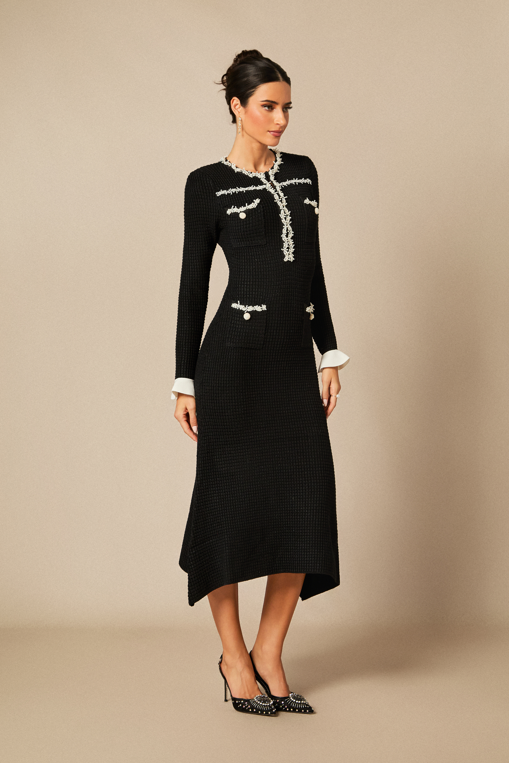 Angie Contrast Trim Pearl Knit Midi Dress-purelyfable