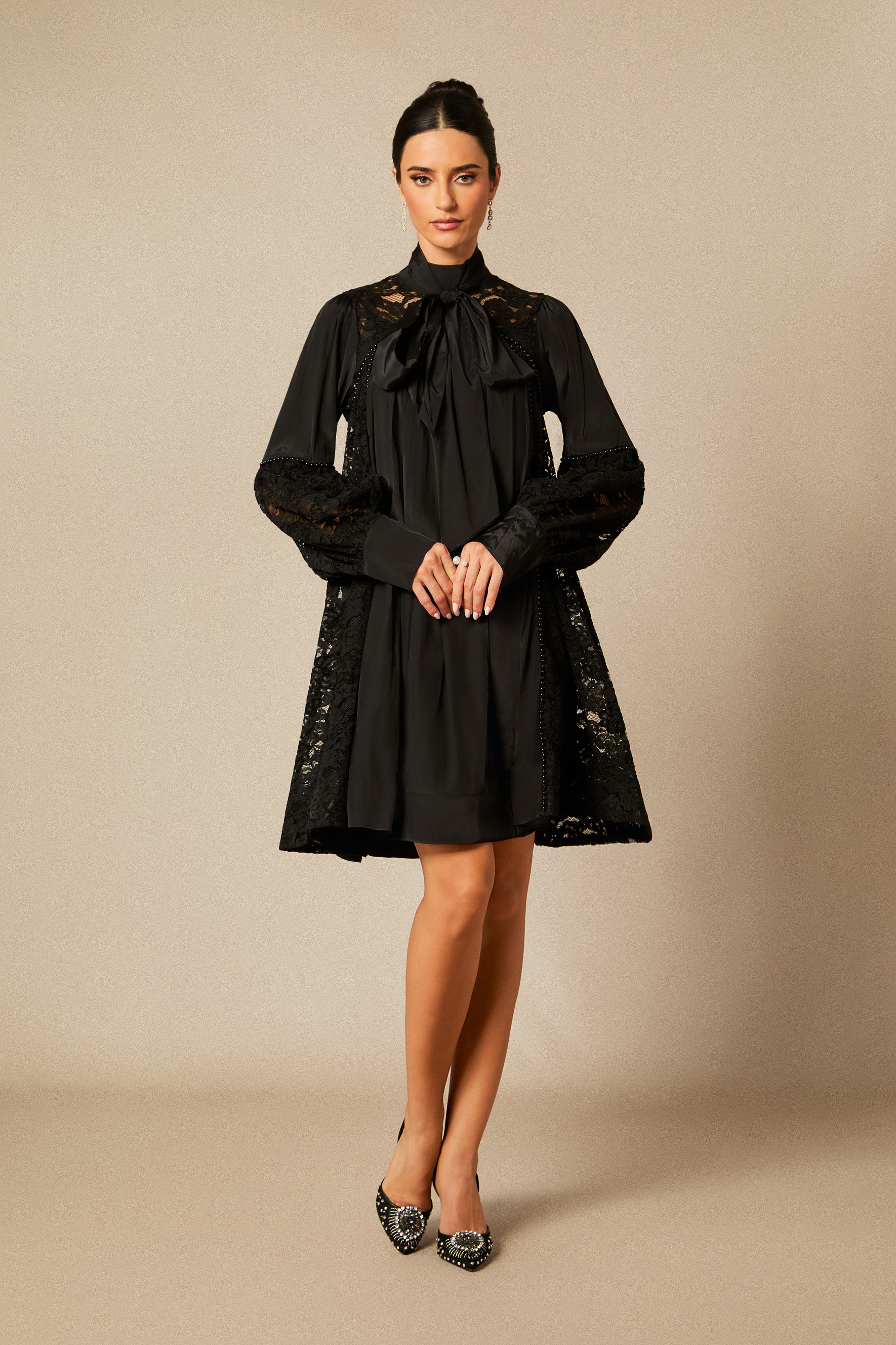 Kella Lace Panel Tie Neck Mini Dress-purelyfable