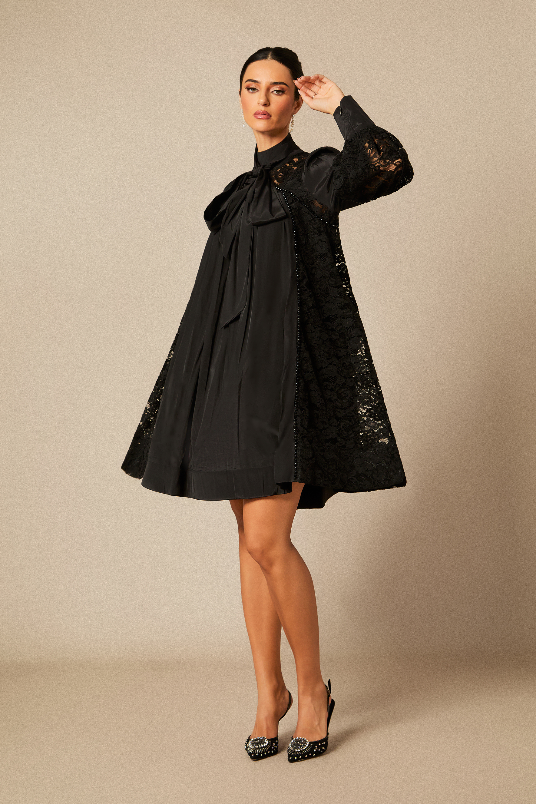 Kella Lace Panel Tie Neck Mini Dress-purelyfable