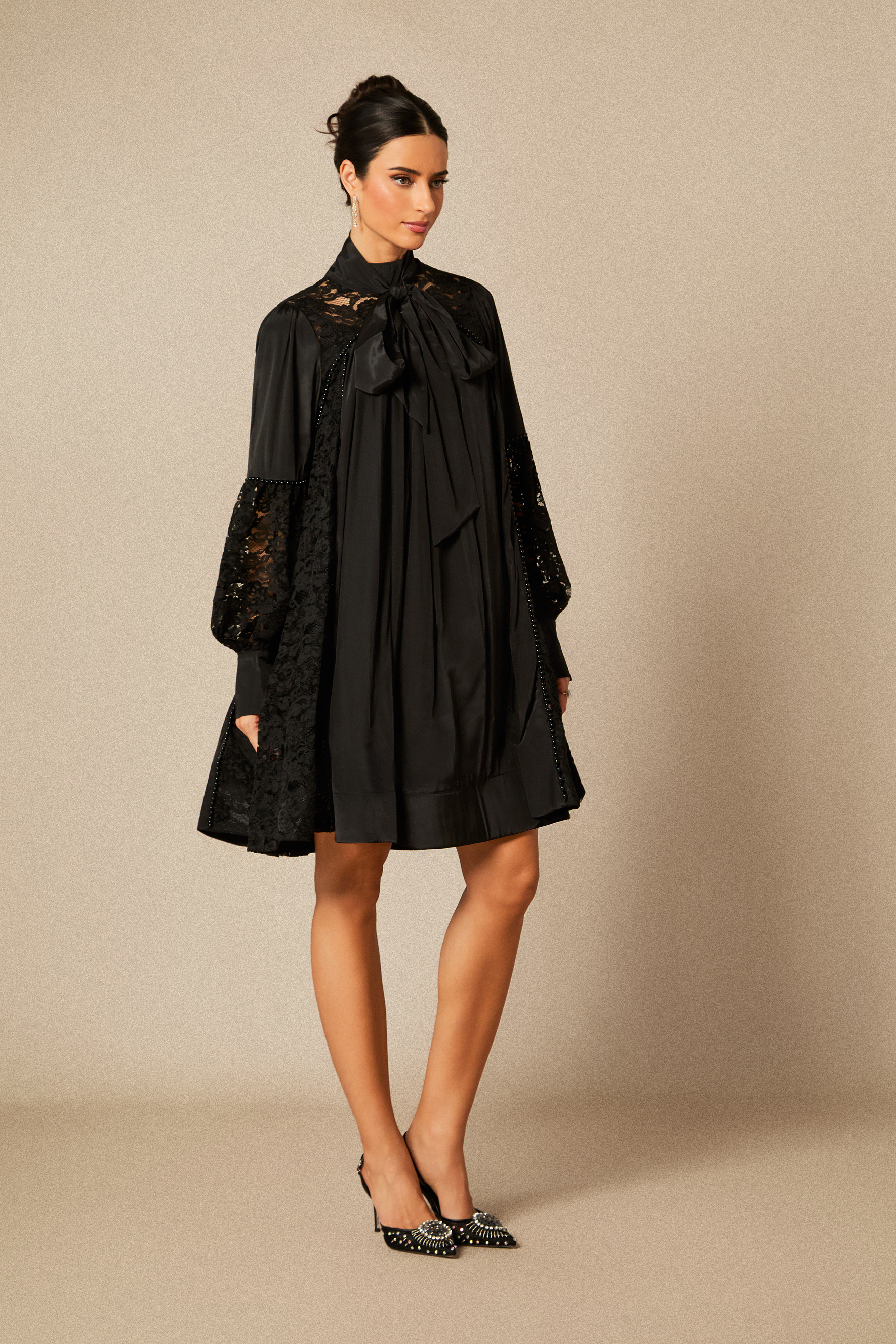 Kella Lace Panel Tie Neck Mini Dress-purelyfable