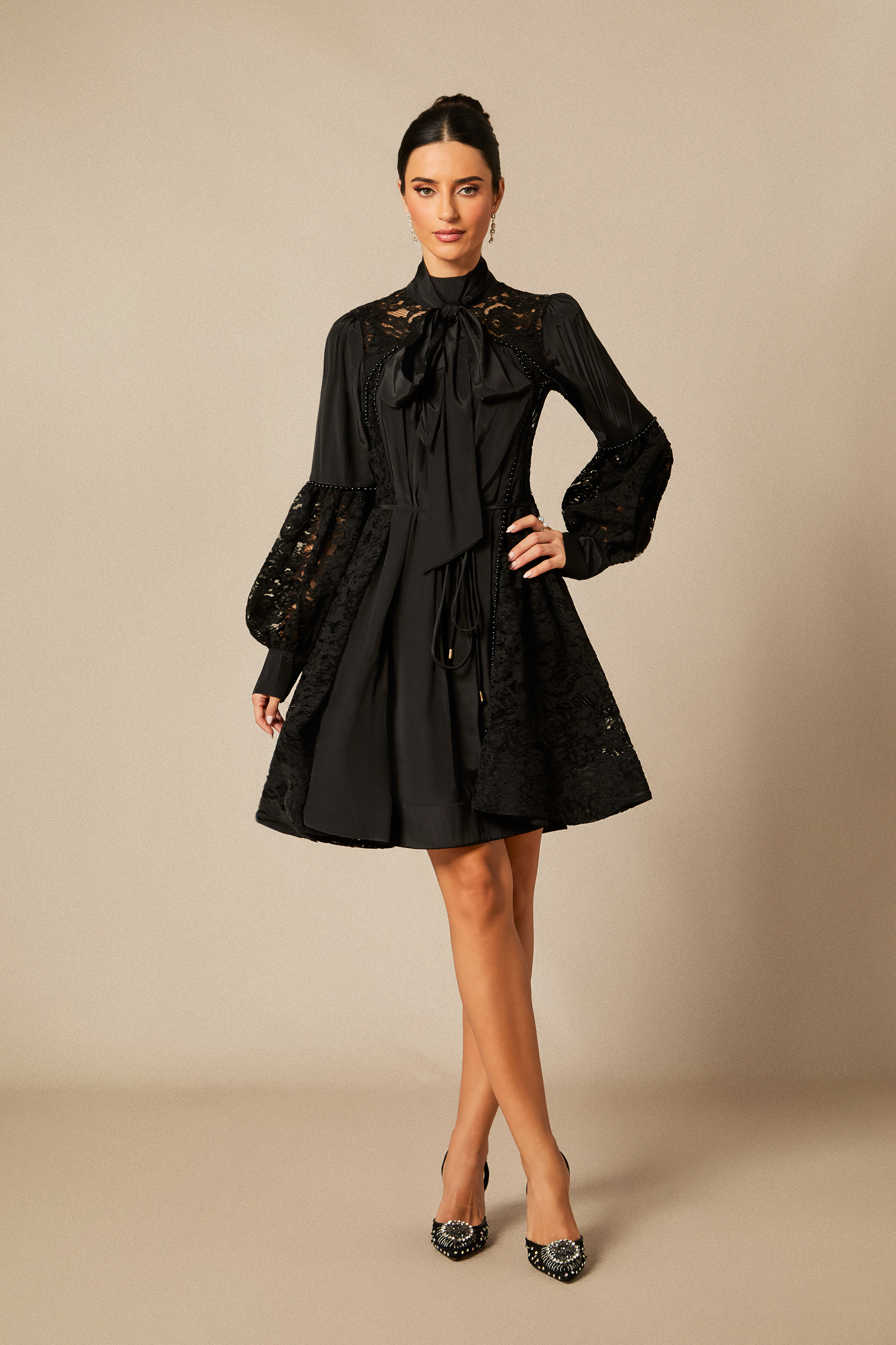 Kella Lace Panel Tie Neck Mini Dress-purelyfable