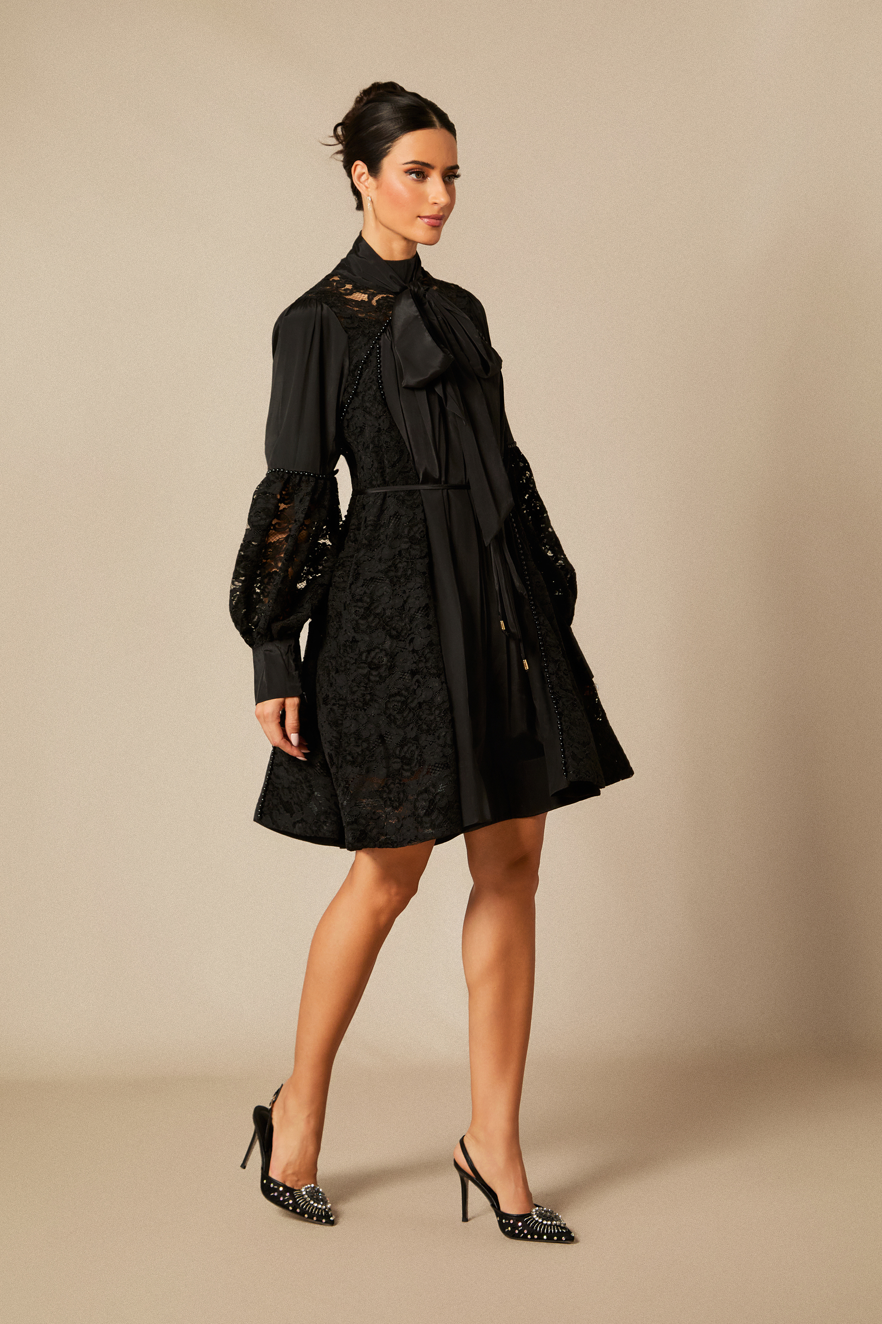 Kella Lace Panel Tie Neck Mini Dress-purelyfable