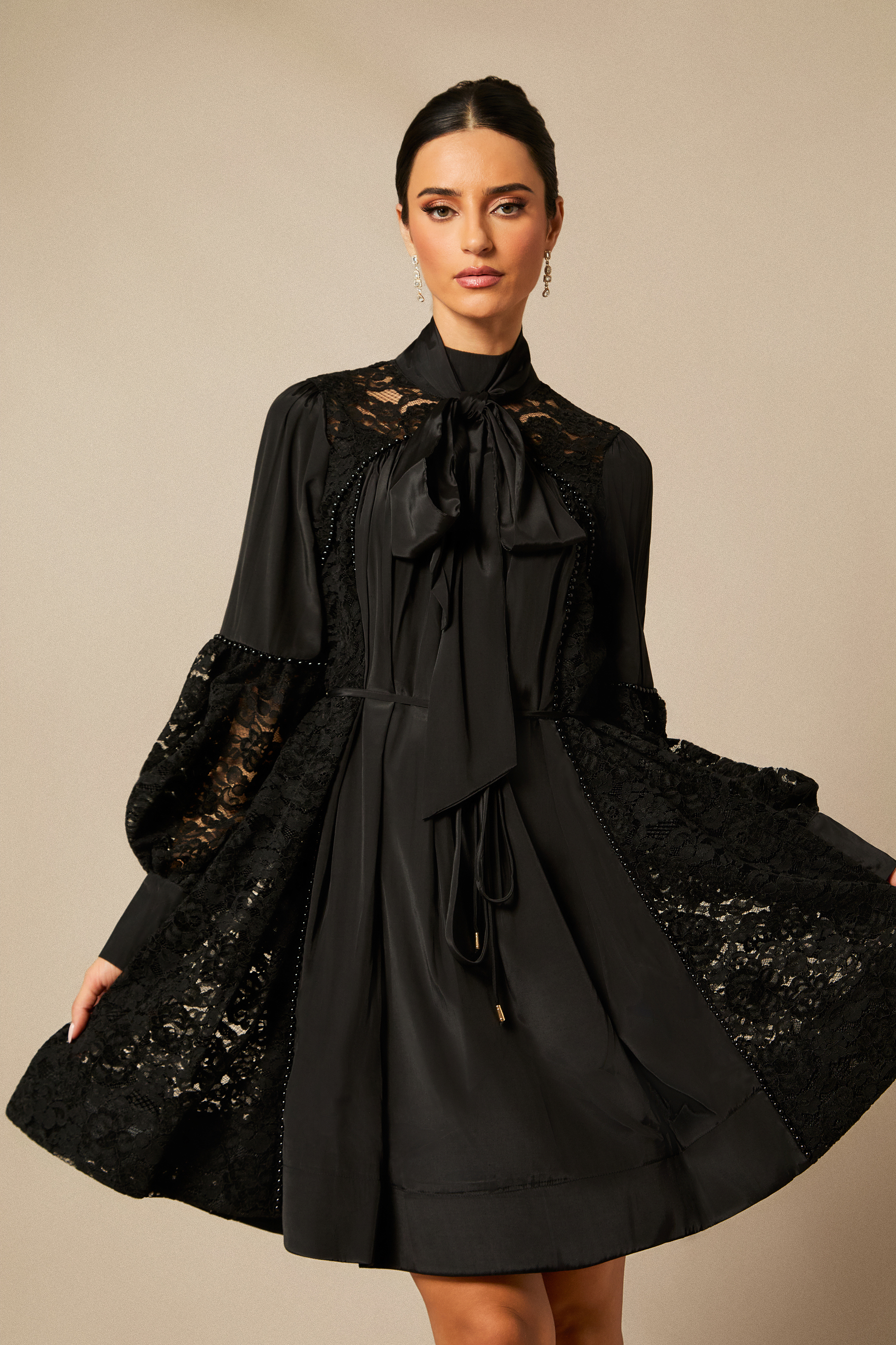 Kella Lace Panel Tie Neck Mini Dress-purelyfable