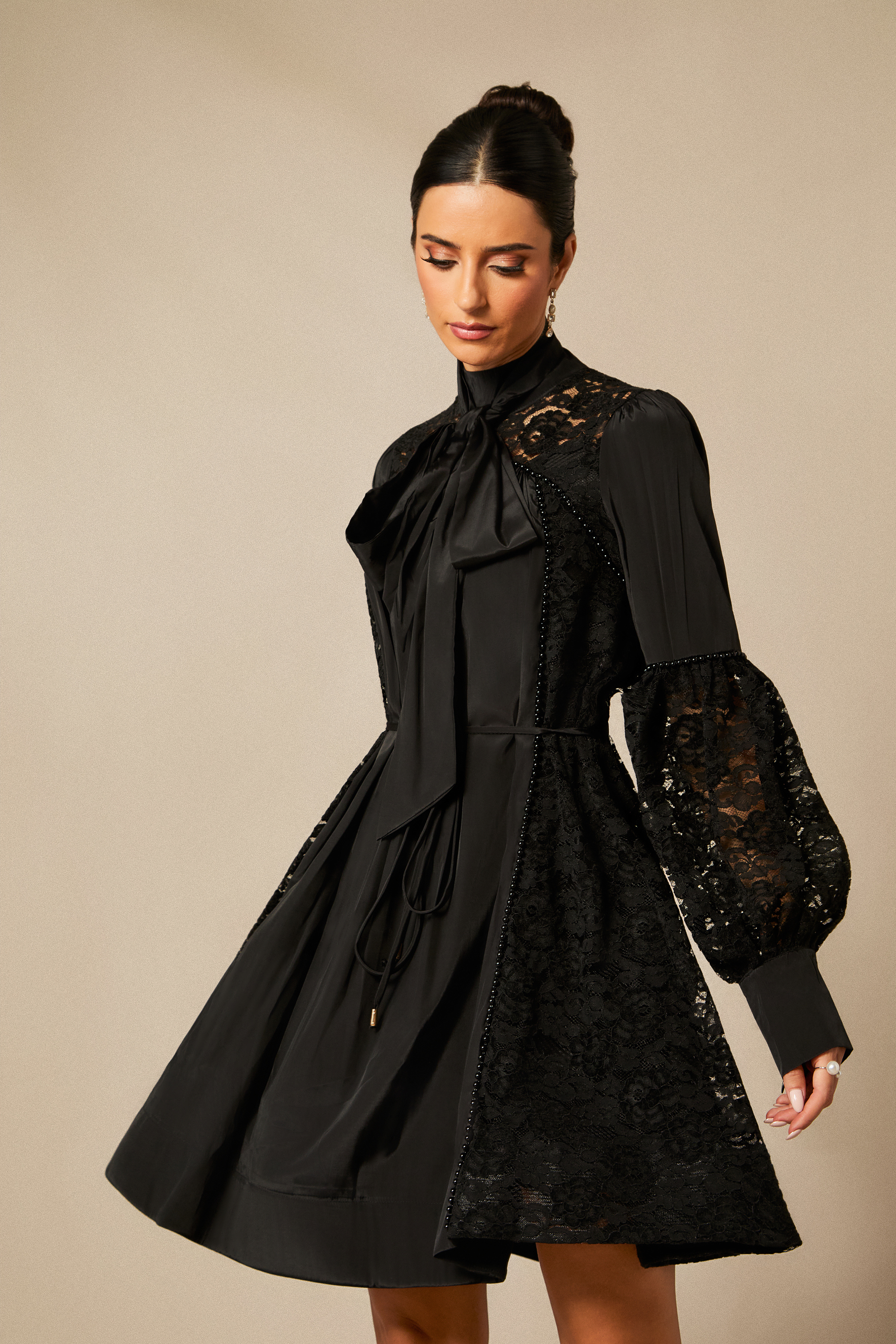 Kella Lace Panel Tie Neck Mini Dress-purelyfable