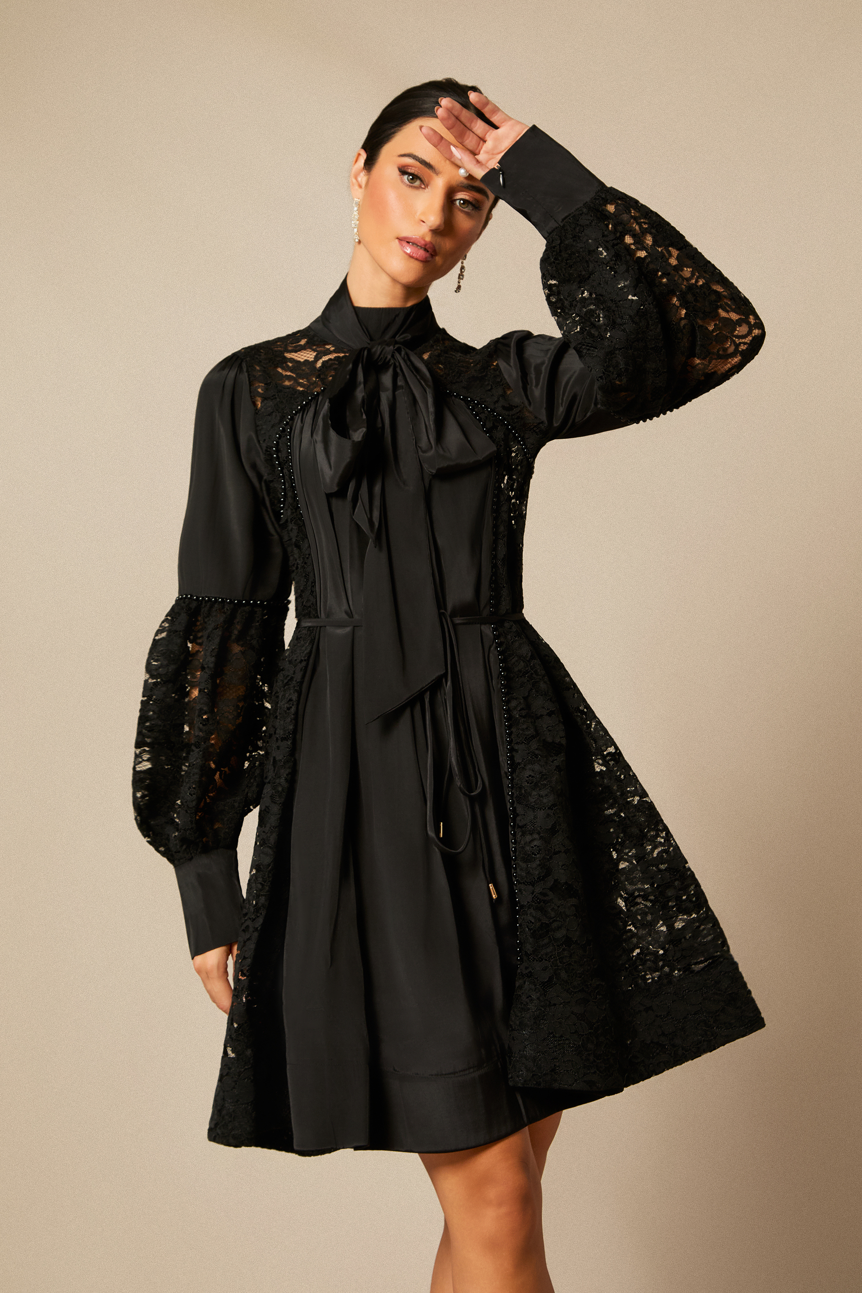 Kella Lace Panel Tie Neck Mini Dress-purelyfable