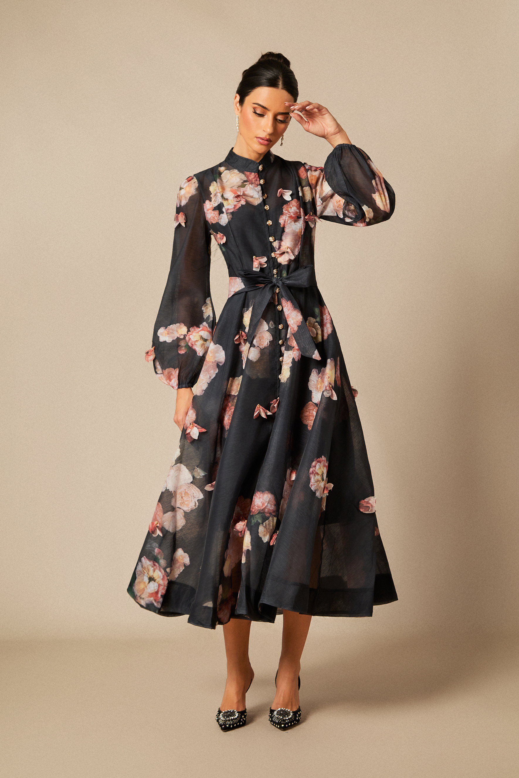 Sophie Floral Print Long Sleeve Midi Dress-purelyfable