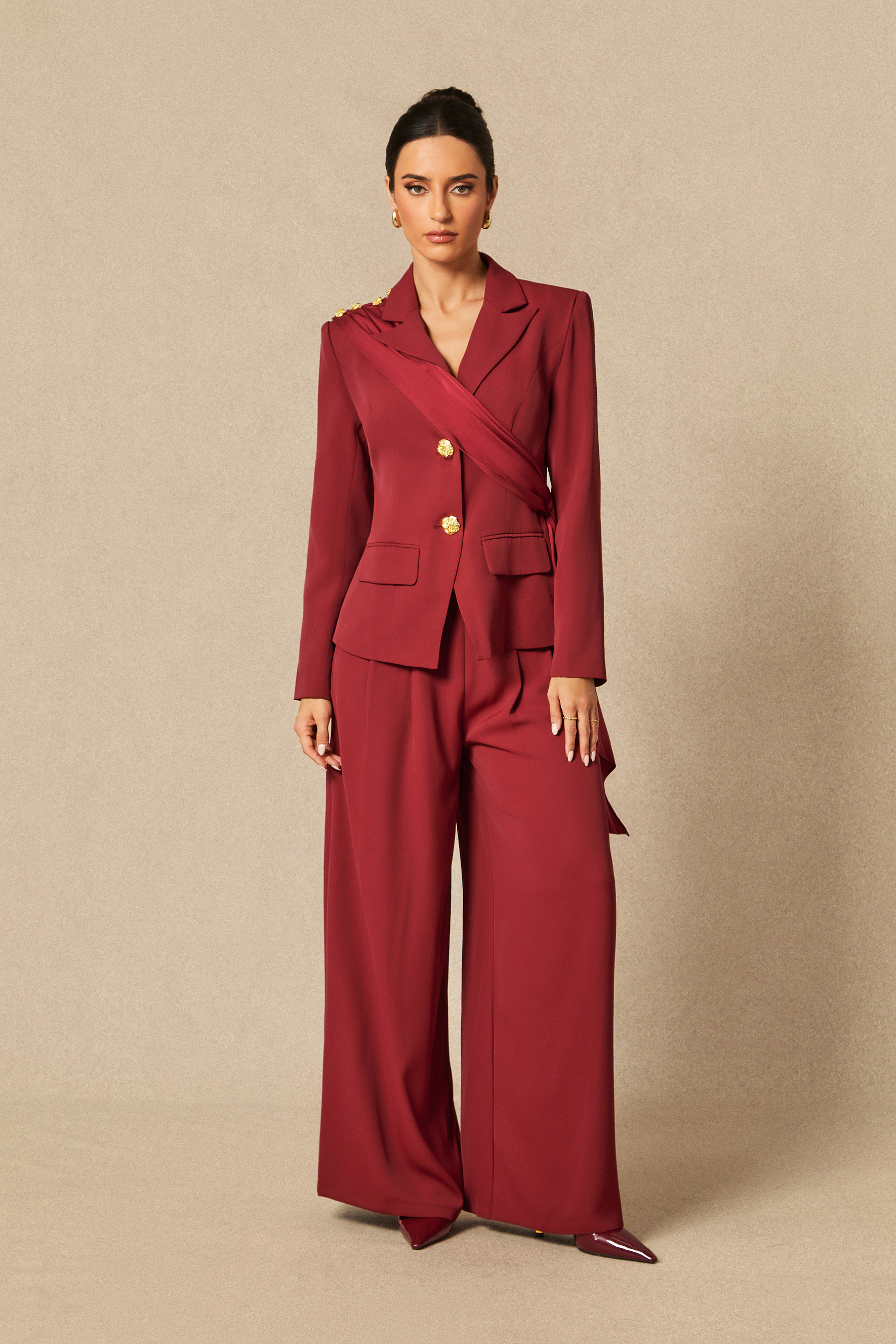 Seasoned Chicness Burgundy Blazer & Wide-Leg Pants Set-purelyfable