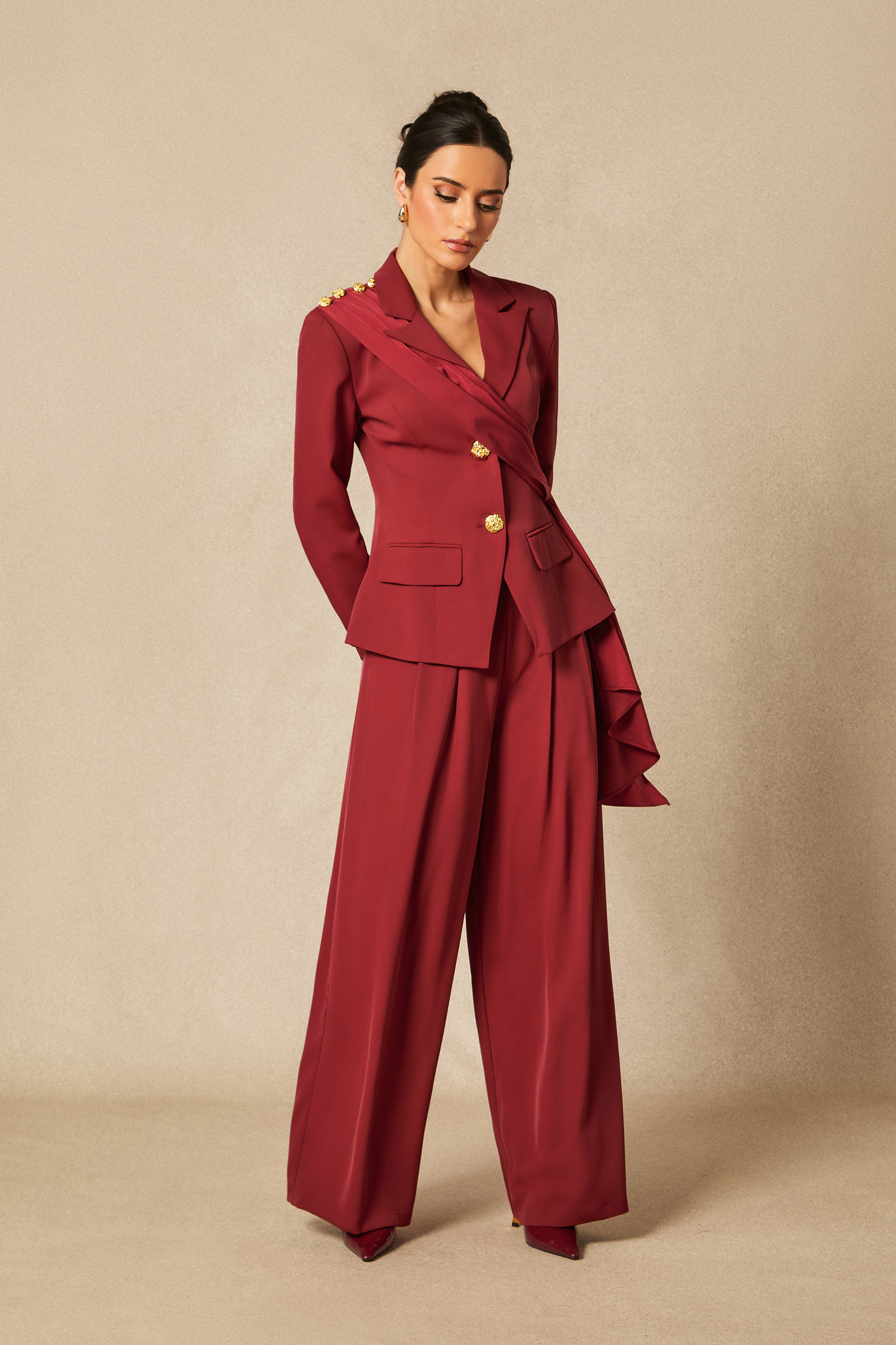 Seasoned Chicness Burgundy Blazer & Wide-Leg Pants Set-purelyfable