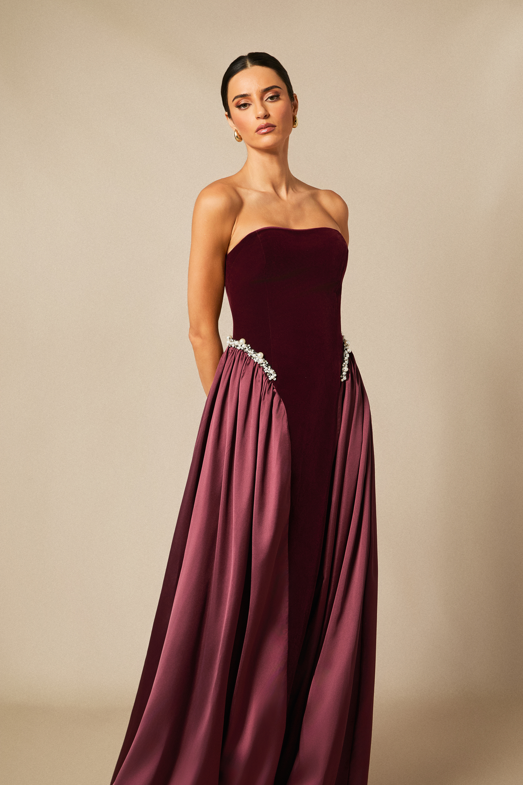 Moira Strapless Pearl Embellished Velvet Maxi Dress-purelyfable