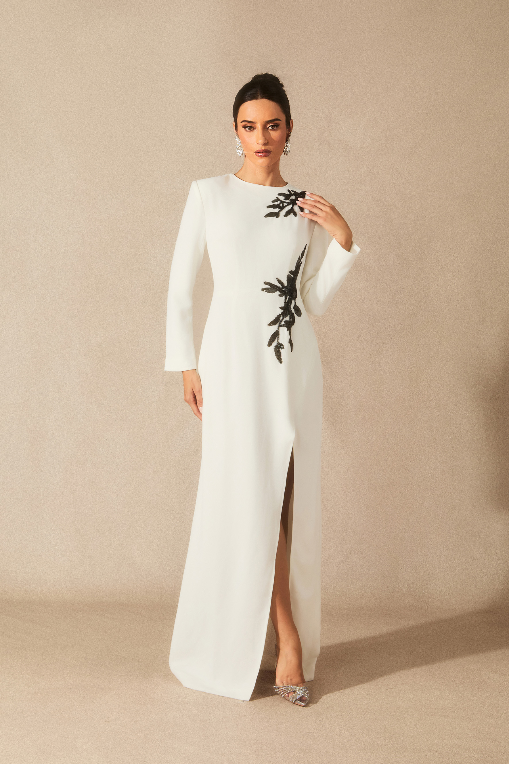 Ophelia Long Sleeve Beaded Maxi Slit Dress-purelyfable