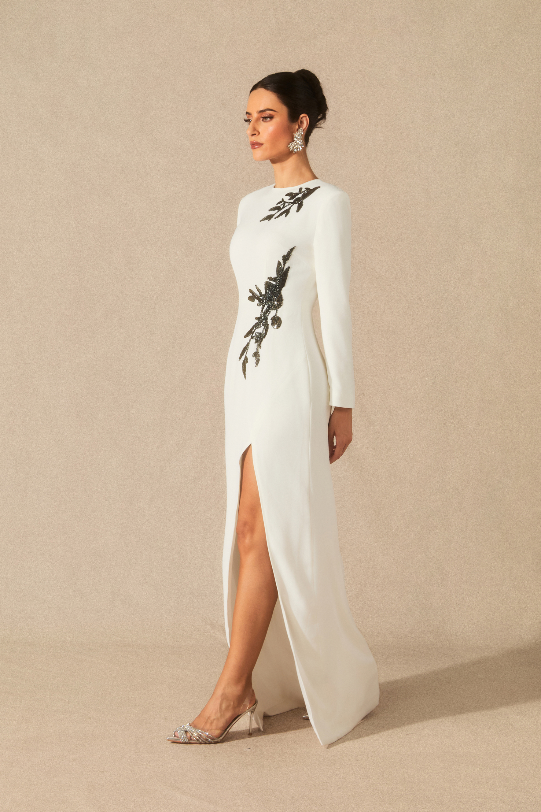 Ophelia Long Sleeve Beaded Maxi Slit Dress-purelyfable